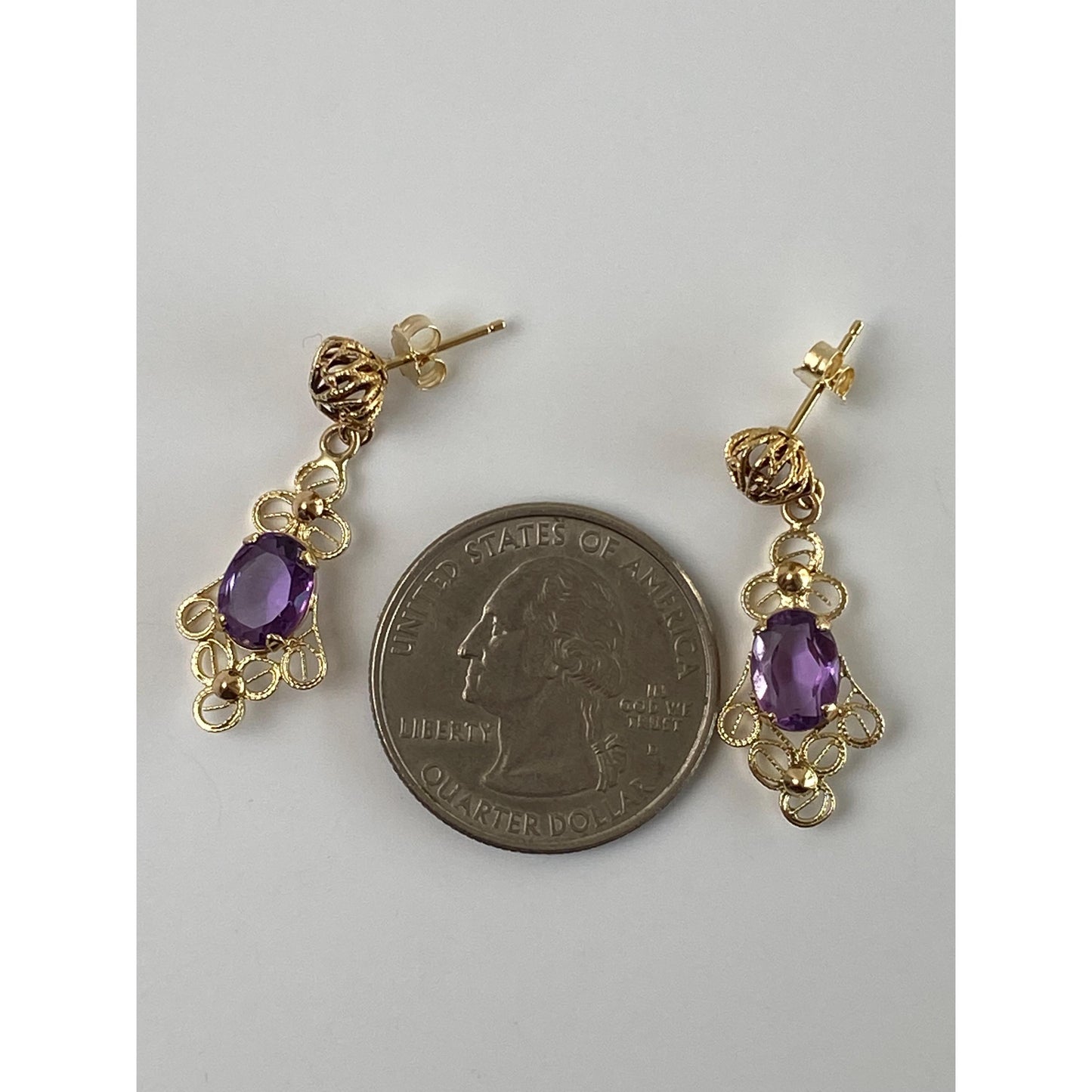 Vintage Solid 14k Yellow Gold Amethyst Filigree Dangle Stud Earrings