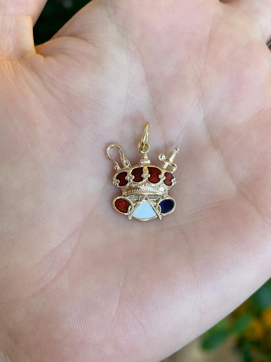 Vintage Solid 9k Yellow Gold Enamel Crown Sword Charm