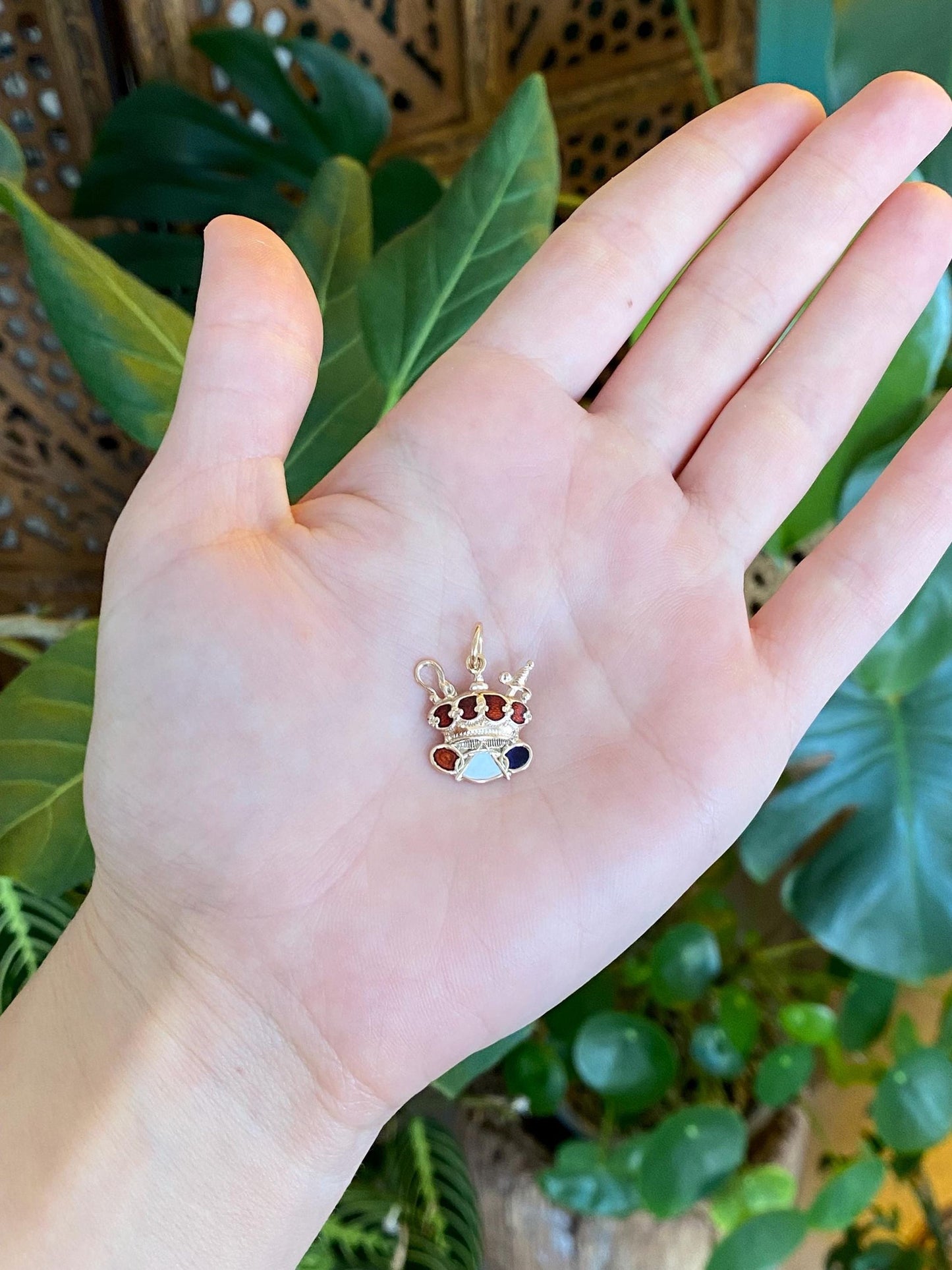 Vintage Solid 9k Yellow Gold Enamel Crown Sword Charm