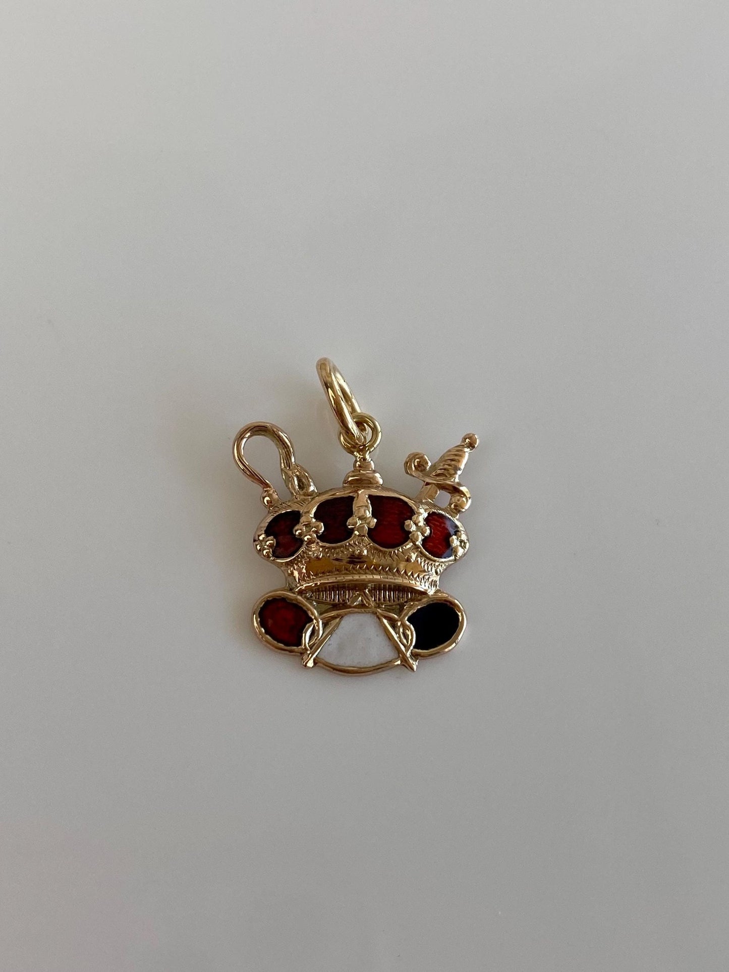 Vintage Solid 9k Yellow Gold Enamel Crown Sword Charm