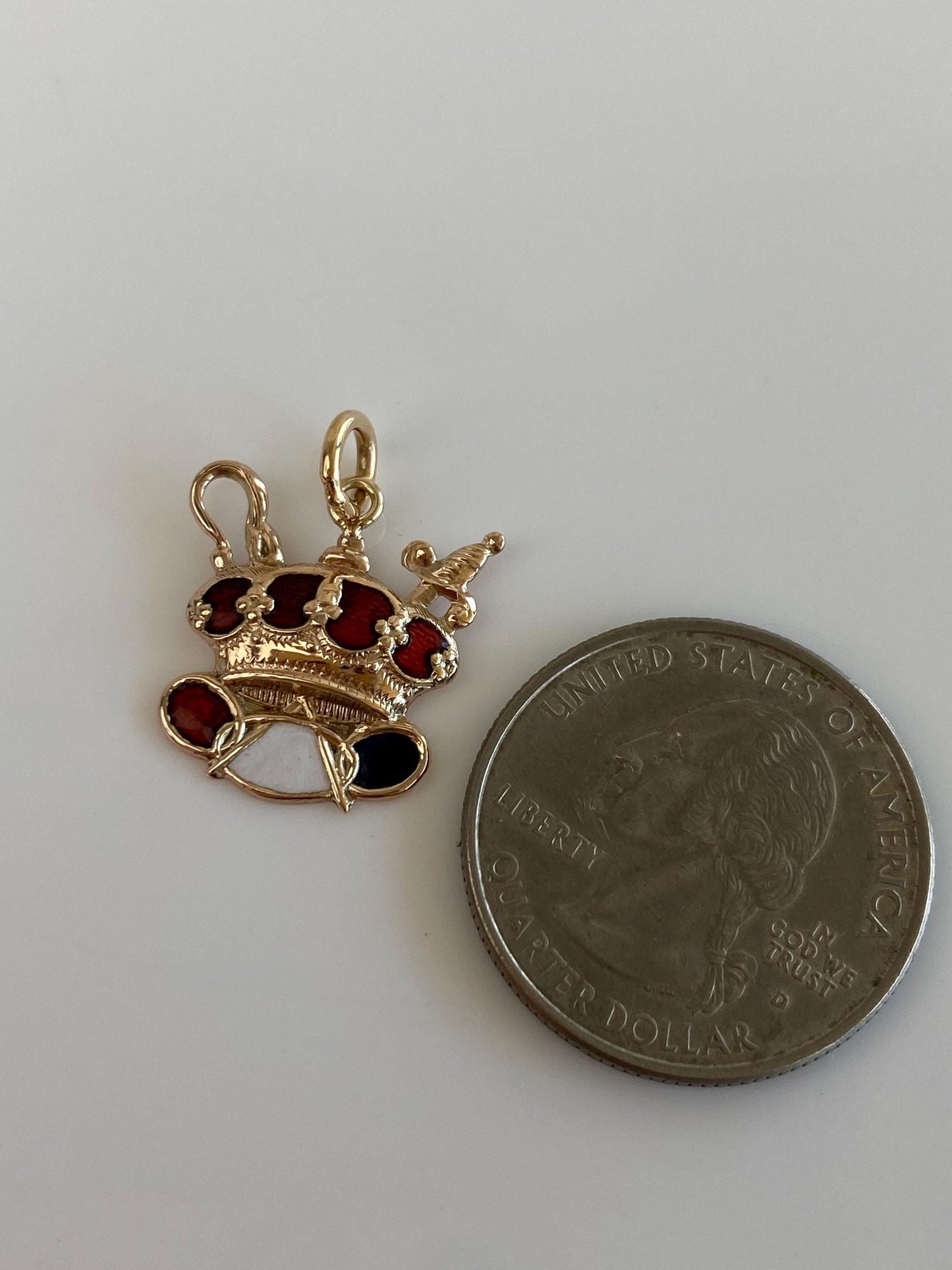 Vintage Solid 9k Yellow Gold Enamel Crown Sword Charm