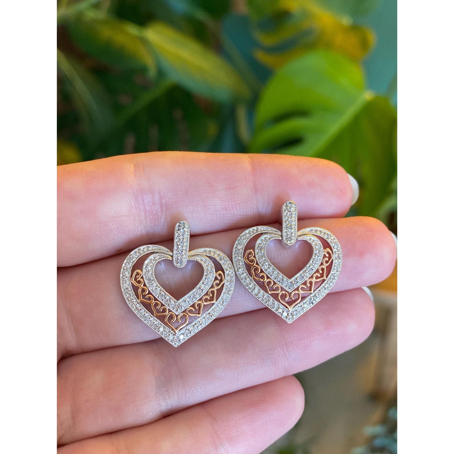 Vintage Solid 14k White & Rose Gold Diamond Heart Drop Earrings