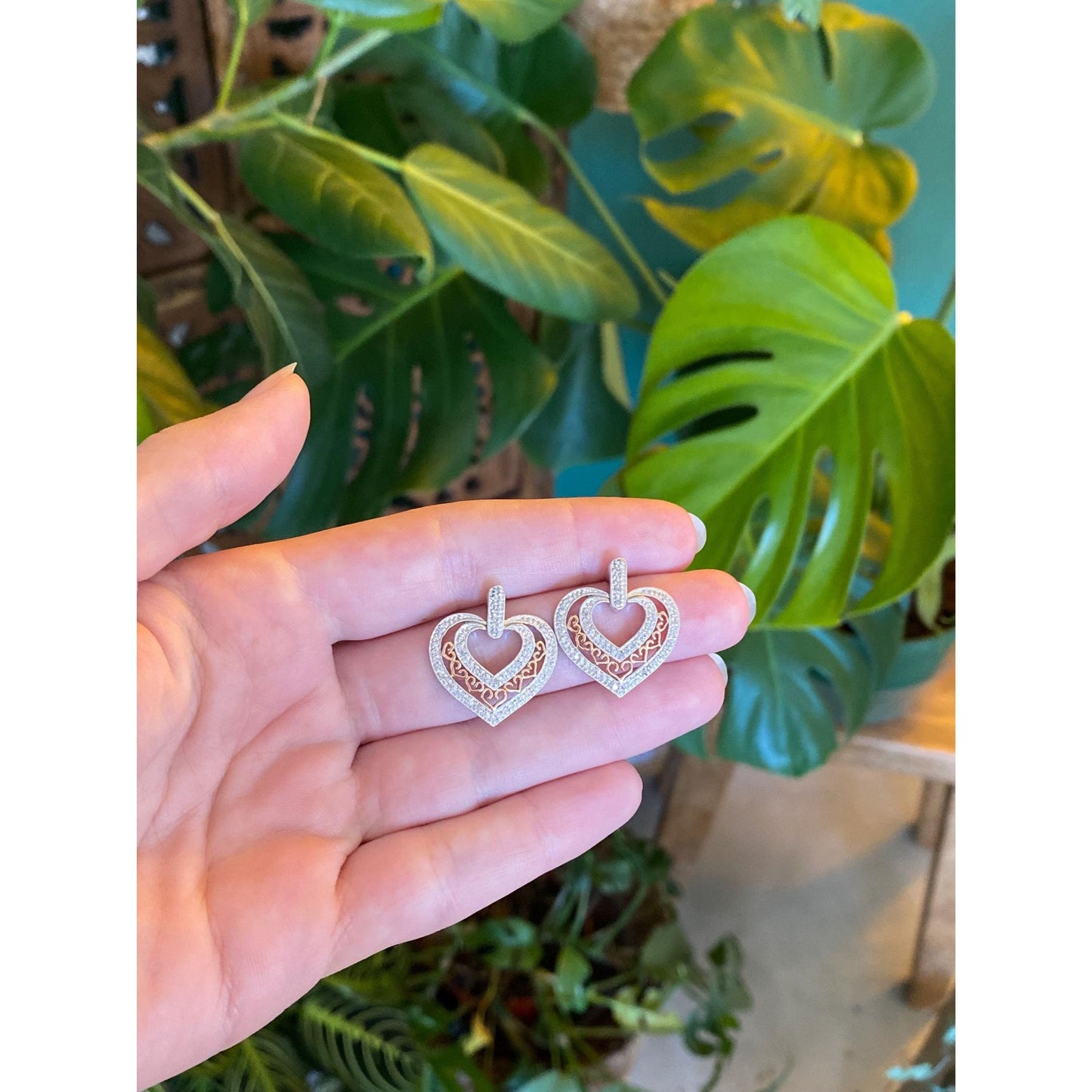 Vintage Solid 14k White & Rose Gold Diamond Heart Drop Earrings