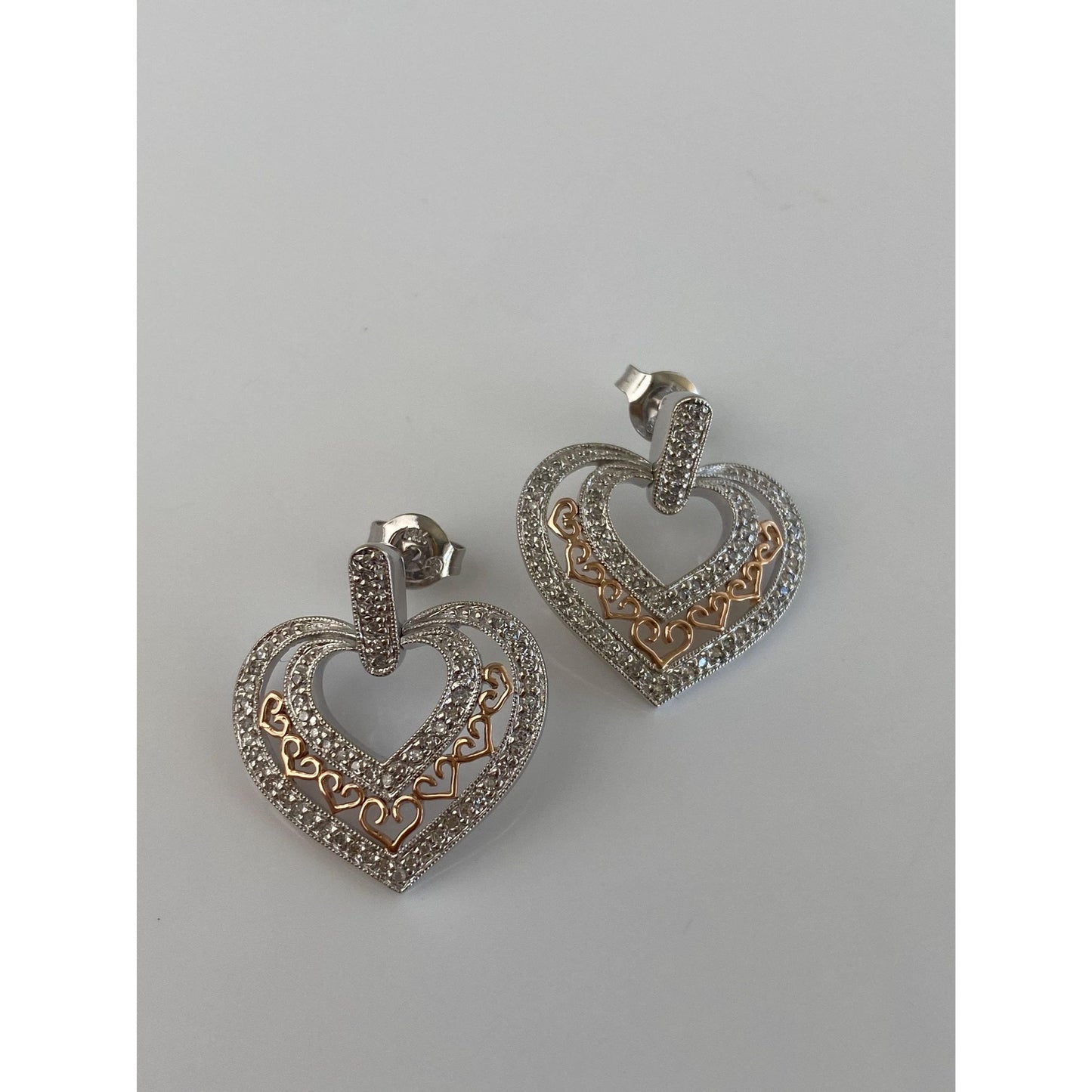Vintage Solid 14k White & Rose Gold Diamond Heart Drop Earrings