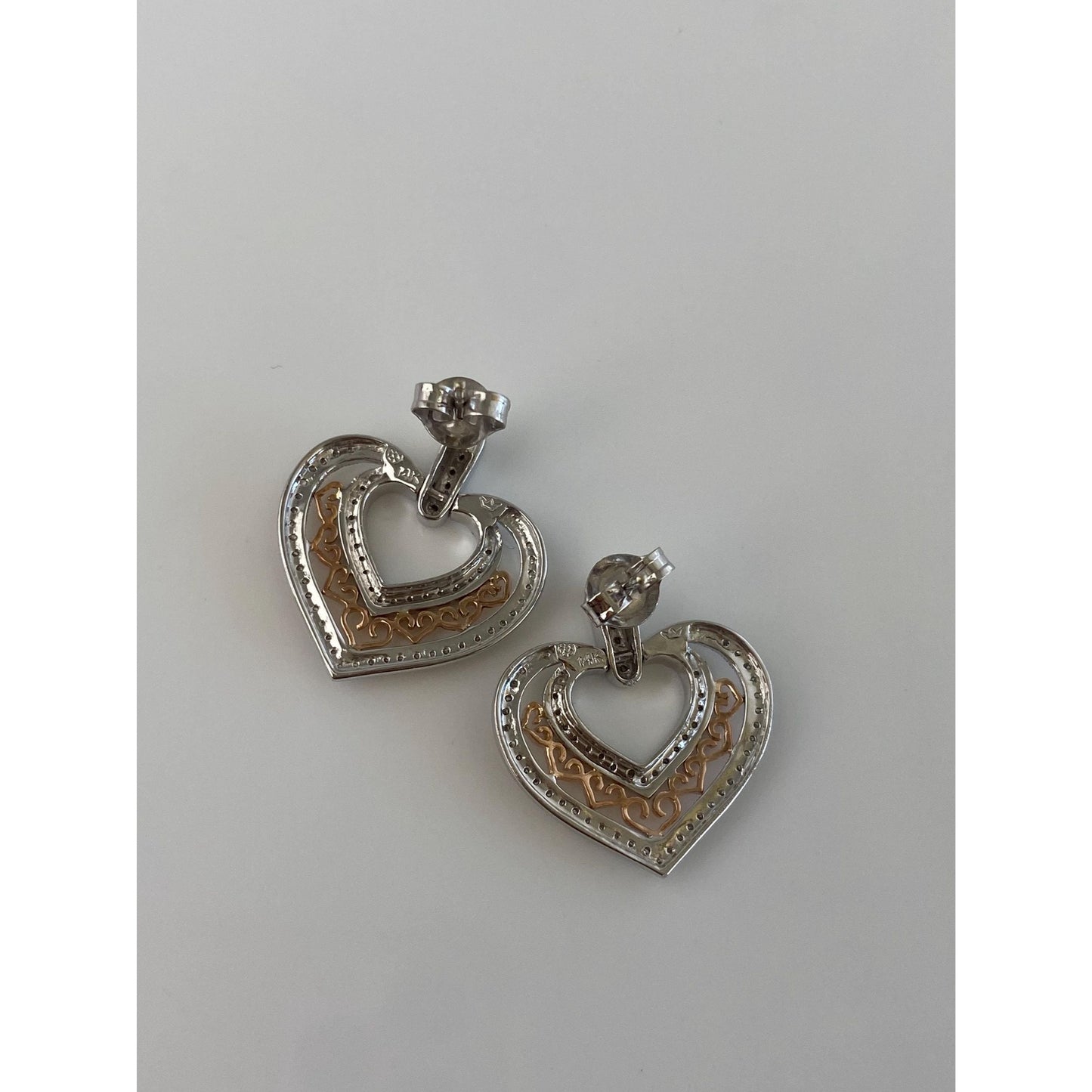 Vintage Solid 14k White & Rose Gold Diamond Heart Drop Earrings