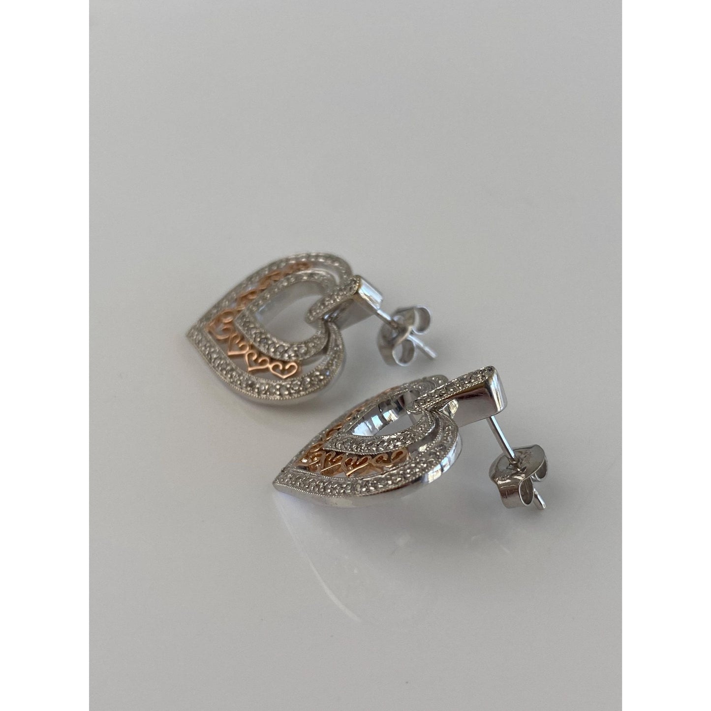 Vintage Solid 14k White & Rose Gold Diamond Heart Drop Earrings