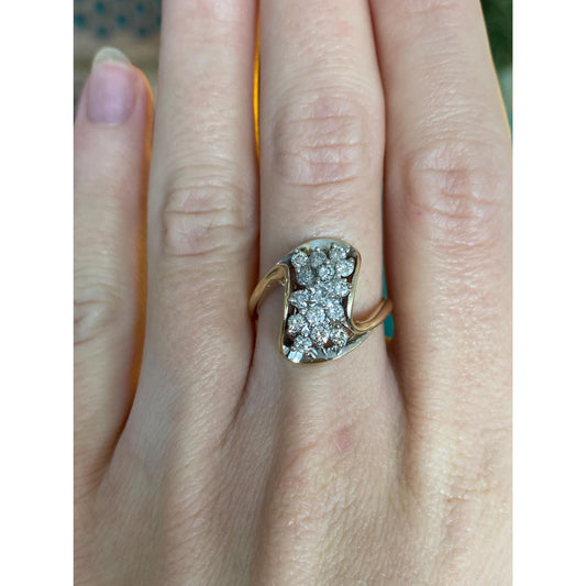 Vintage Solid 14k Yellow & White Gold Diamond Cluster Twist Ring - Size 6.75