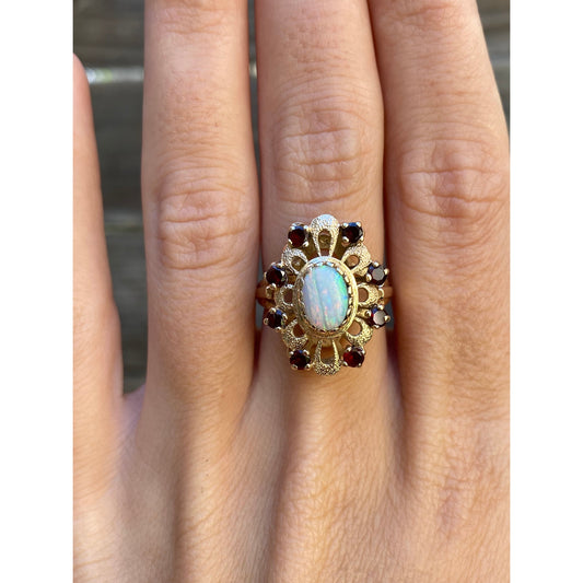 Vintage Solid 14k Yellow Gold Opal Garnet Halo Ring - Size 5.75