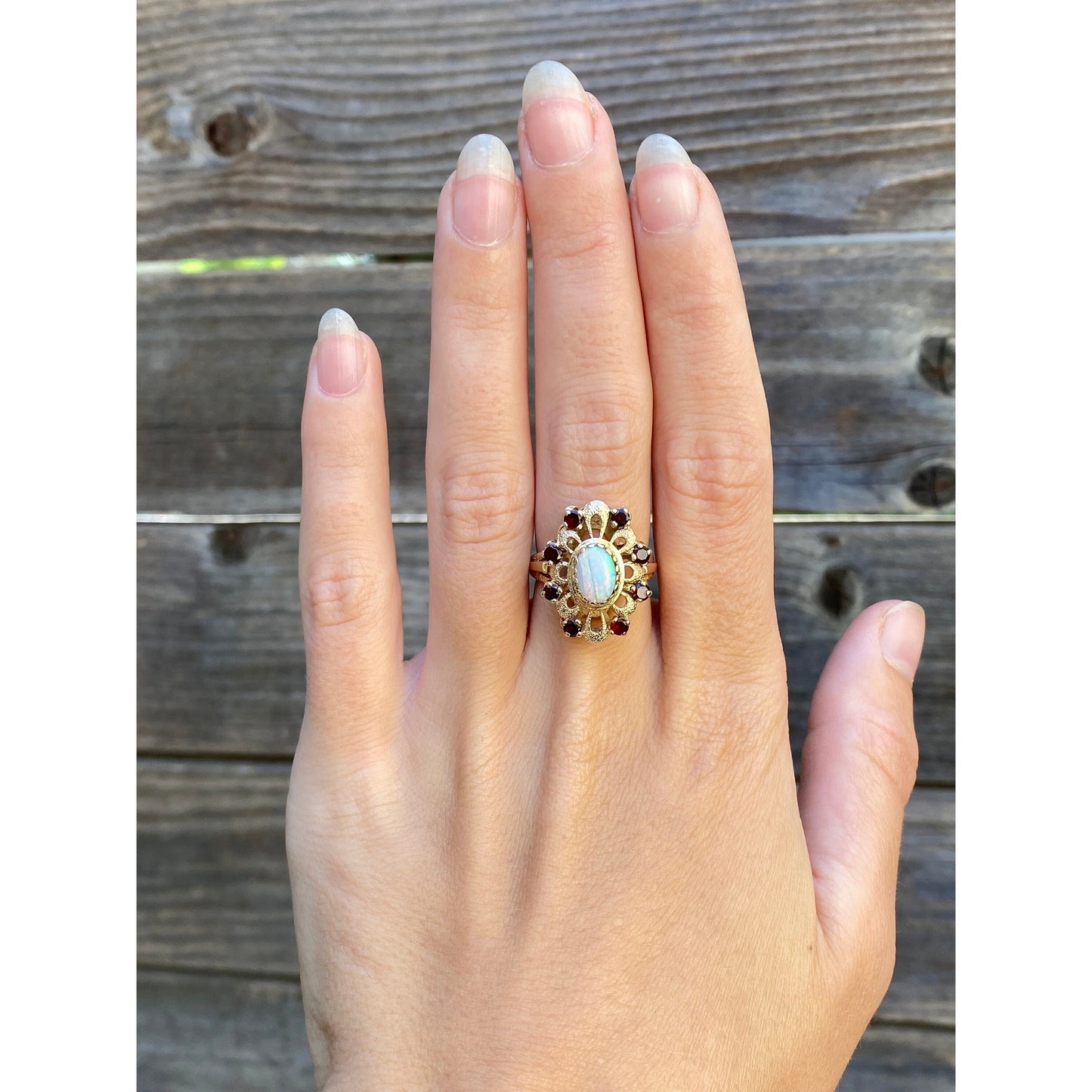 Vintage Solid 14k Yellow Gold Opal Garnet Halo Ring - Size 5.75
