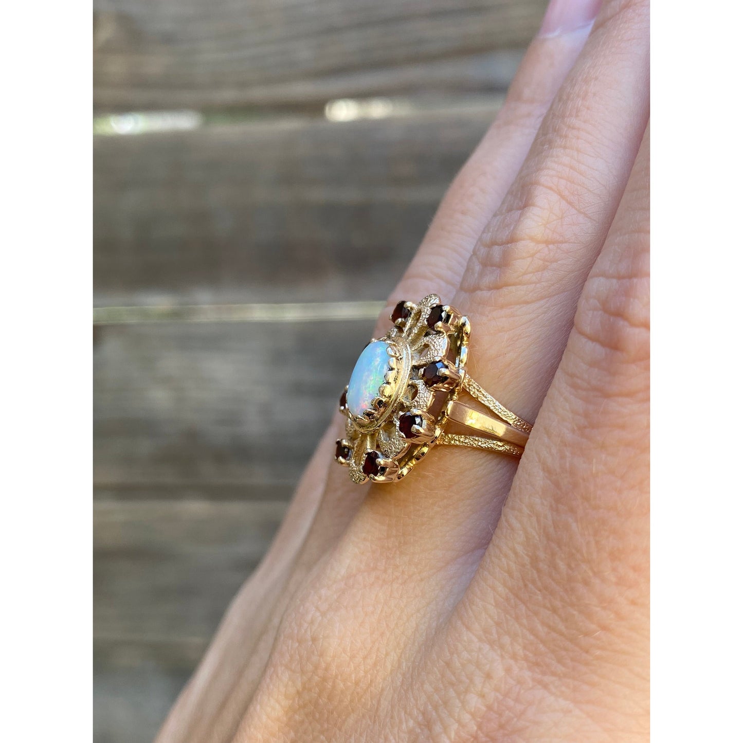 Vintage Solid 14k Yellow Gold Opal Garnet Halo Ring - Size 5.75