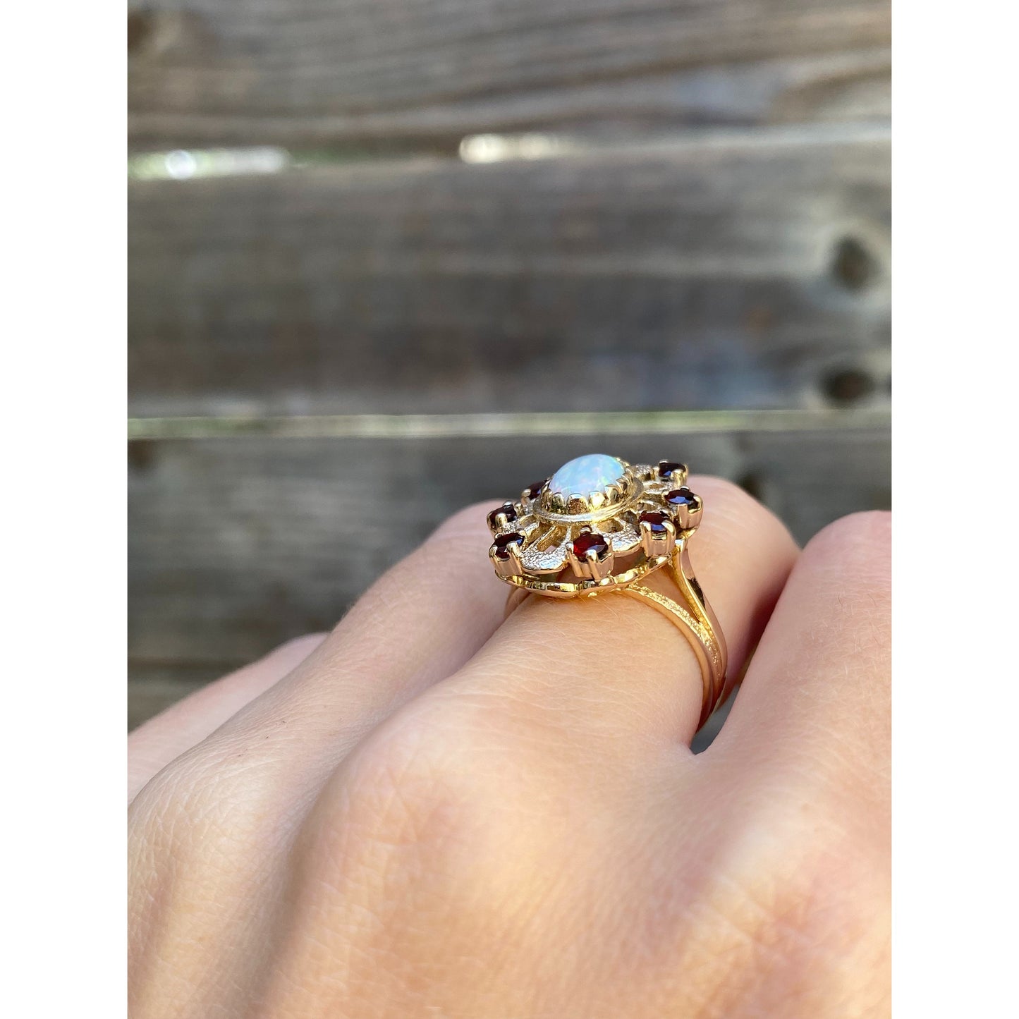 Vintage Solid 14k Yellow Gold Opal Garnet Halo Ring - Size 5.75