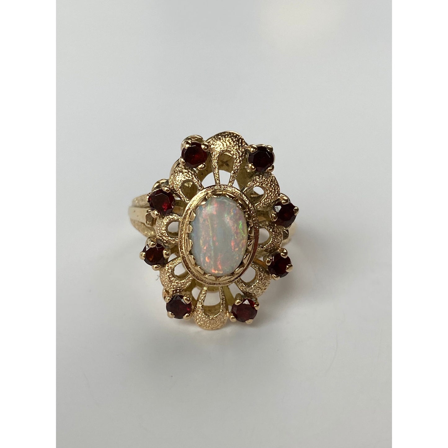 Vintage Solid 14k Yellow Gold Opal Garnet Halo Ring - Size 5.75