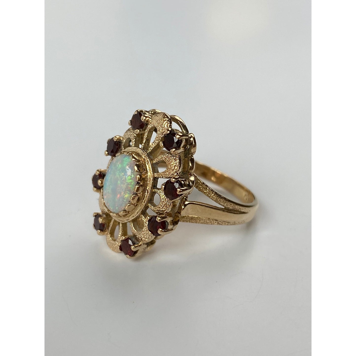 Vintage Solid 14k Yellow Gold Opal Garnet Halo Ring - Size 5.75