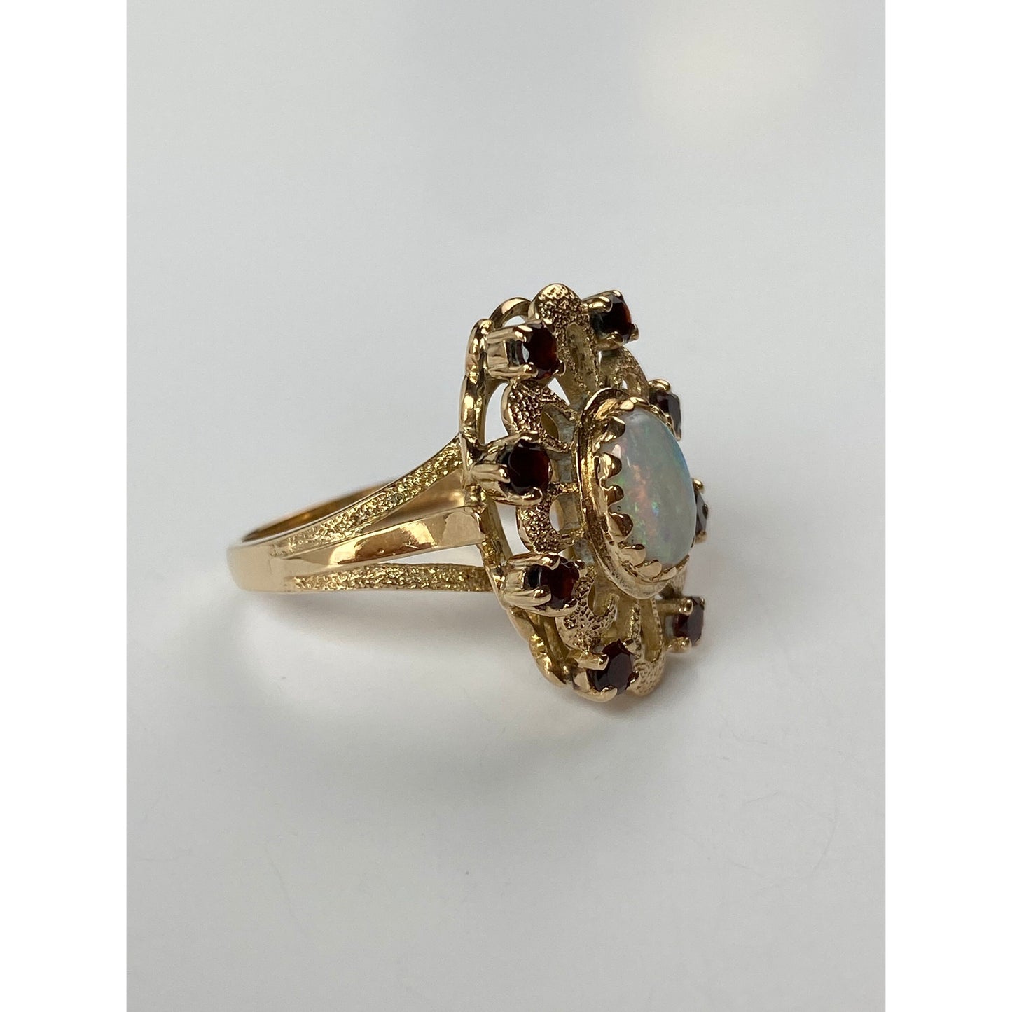 Vintage Solid 14k Yellow Gold Opal Garnet Halo Ring - Size 5.75