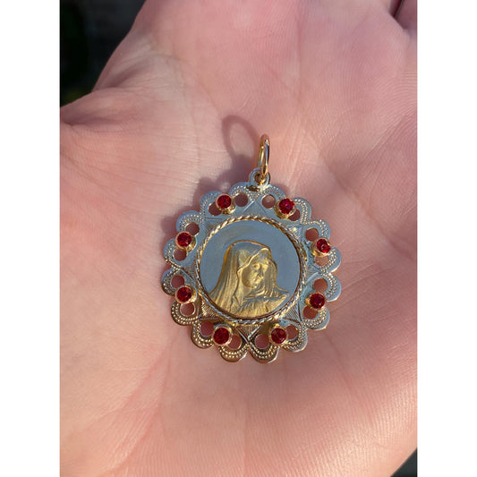 Vintage Solid 18k Yellow Gold Red Cubic Zirconia Virgin Mary Charm