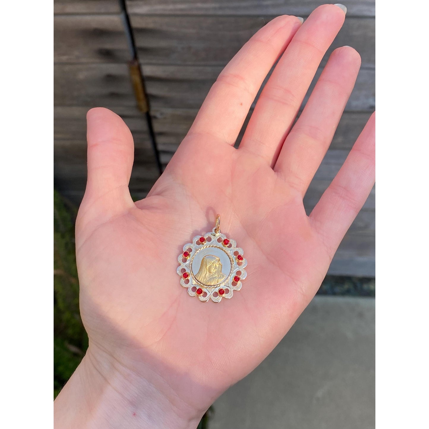 Vintage Solid 18k Yellow Gold Red Cubic Zirconia Virgin Mary Charm