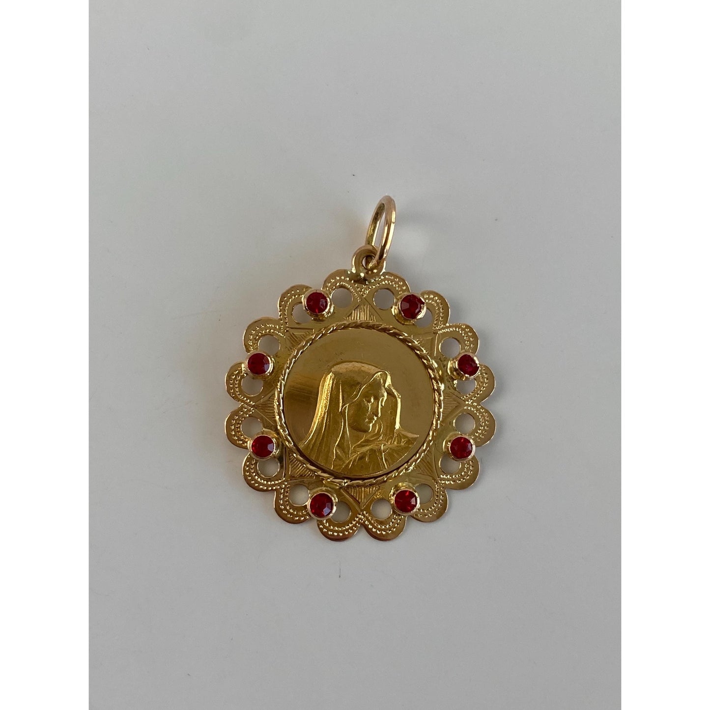 Vintage Solid 18k Yellow Gold Red Cubic Zirconia Virgin Mary Charm