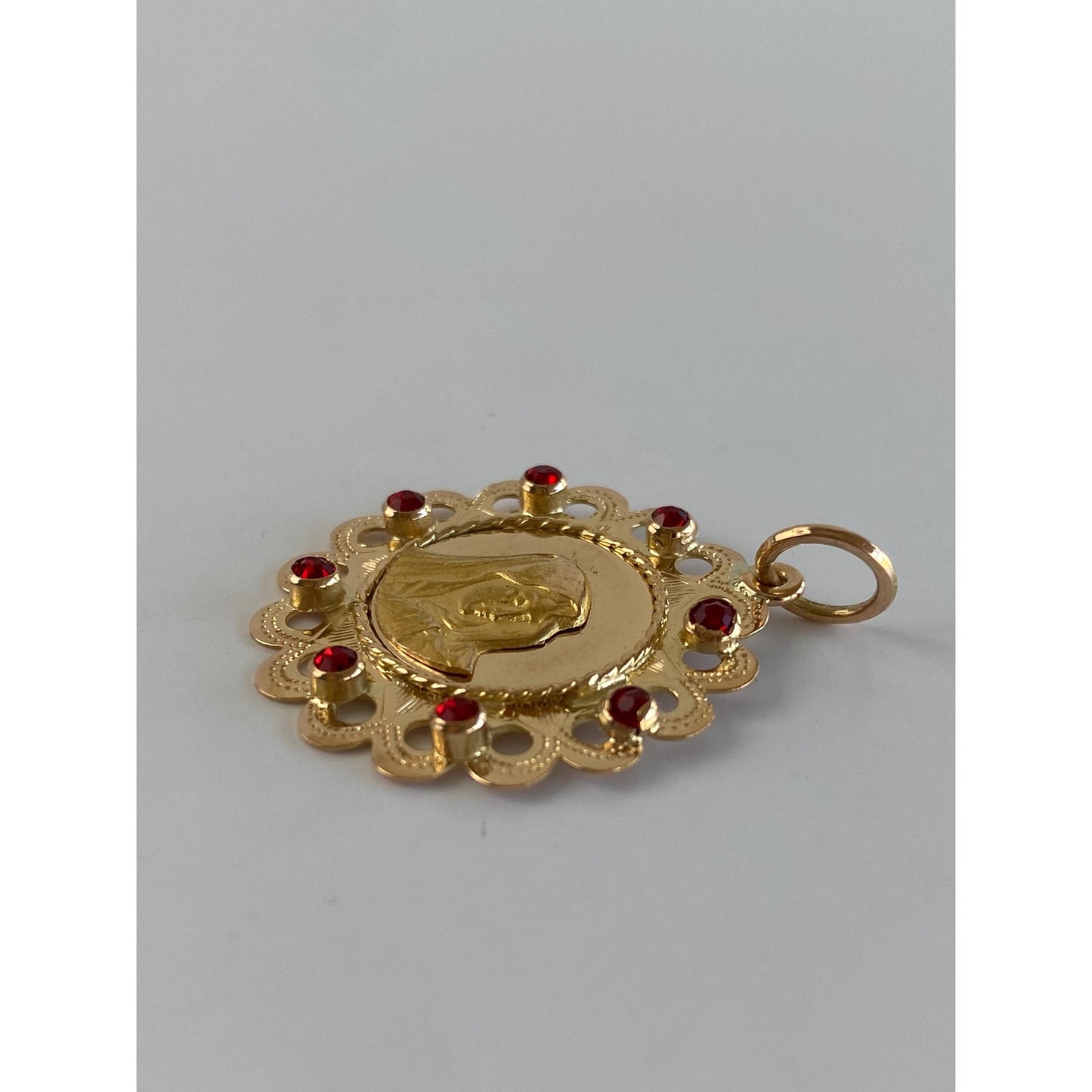 Vintage Solid 18k Yellow Gold Red Cubic Zirconia Virgin Mary Charm