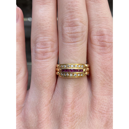 Vintage Solid 18k Yellow Gold Ruby Diamond Watch Band Ring - Size 7.25