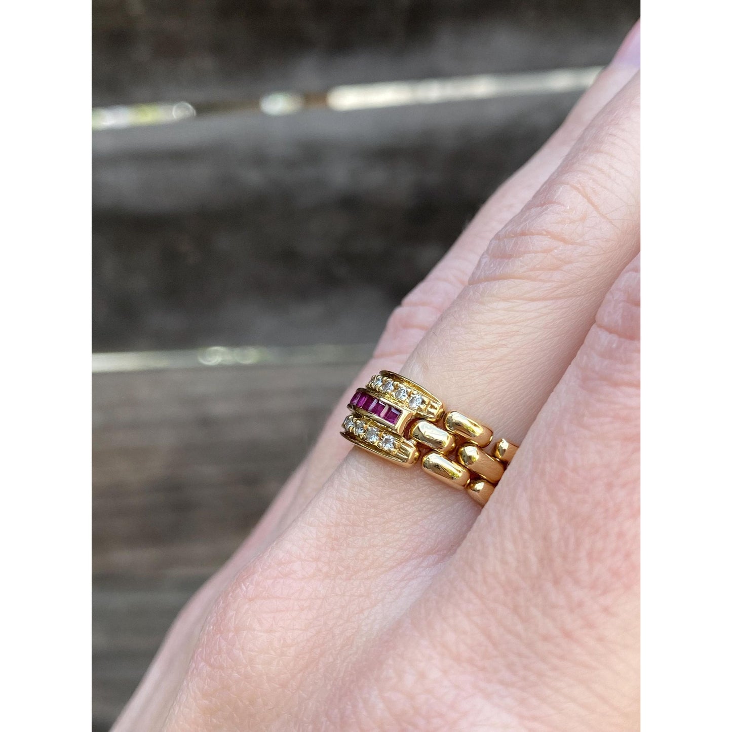 Vintage Solid 18k Yellow Gold Ruby Diamond Watch Band Ring - Size 7.25