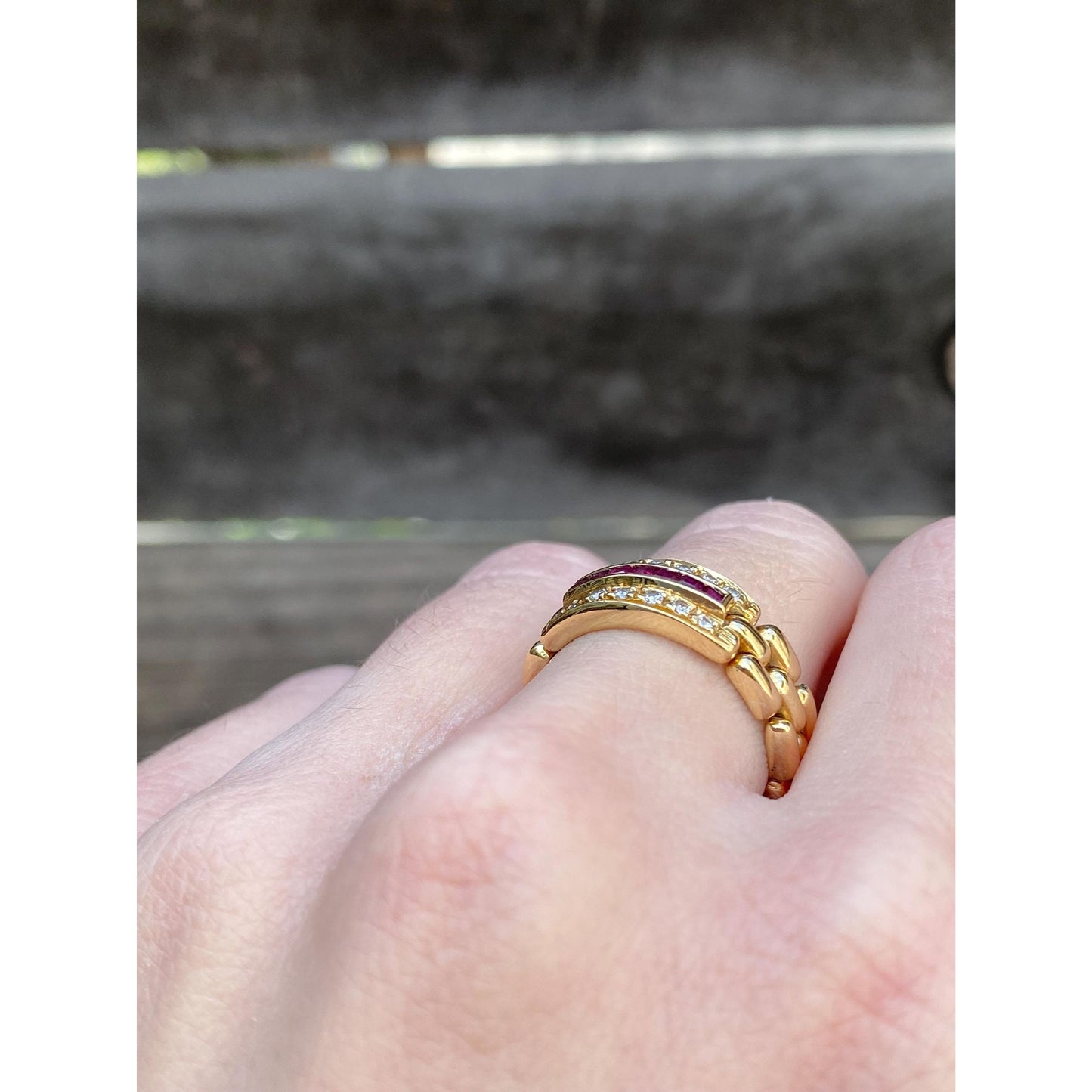 Vintage Solid 18k Yellow Gold Ruby Diamond Watch Band Ring - Size 7.25