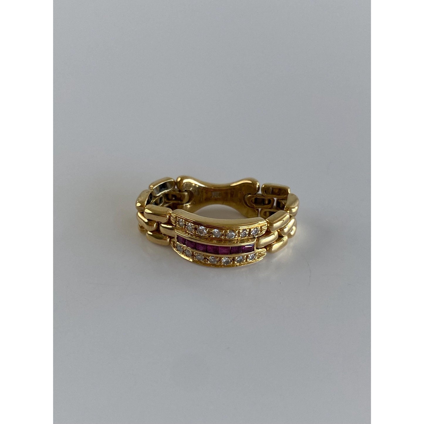 Vintage Solid 18k Yellow Gold Ruby Diamond Watch Band Ring - Size 7.25