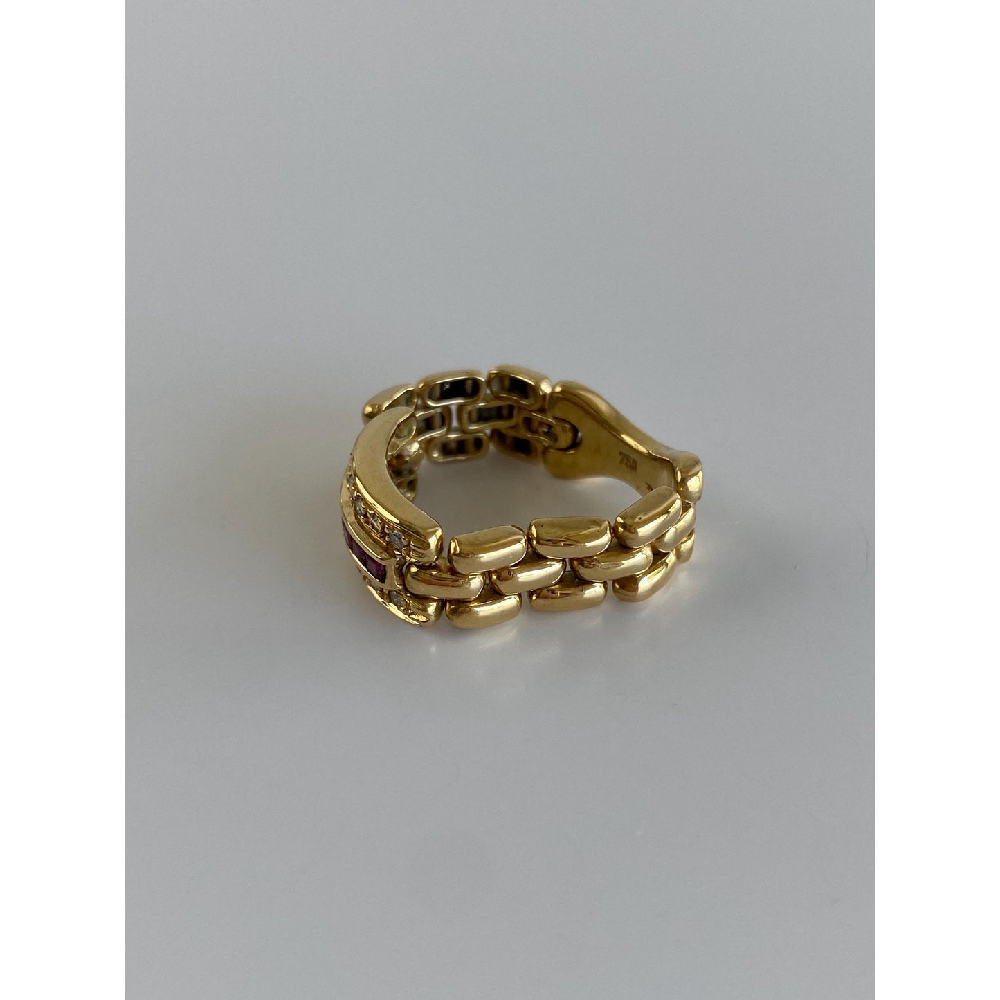 Vintage Solid 18k Yellow Gold Ruby Diamond Watch Band Ring - Size 7.25