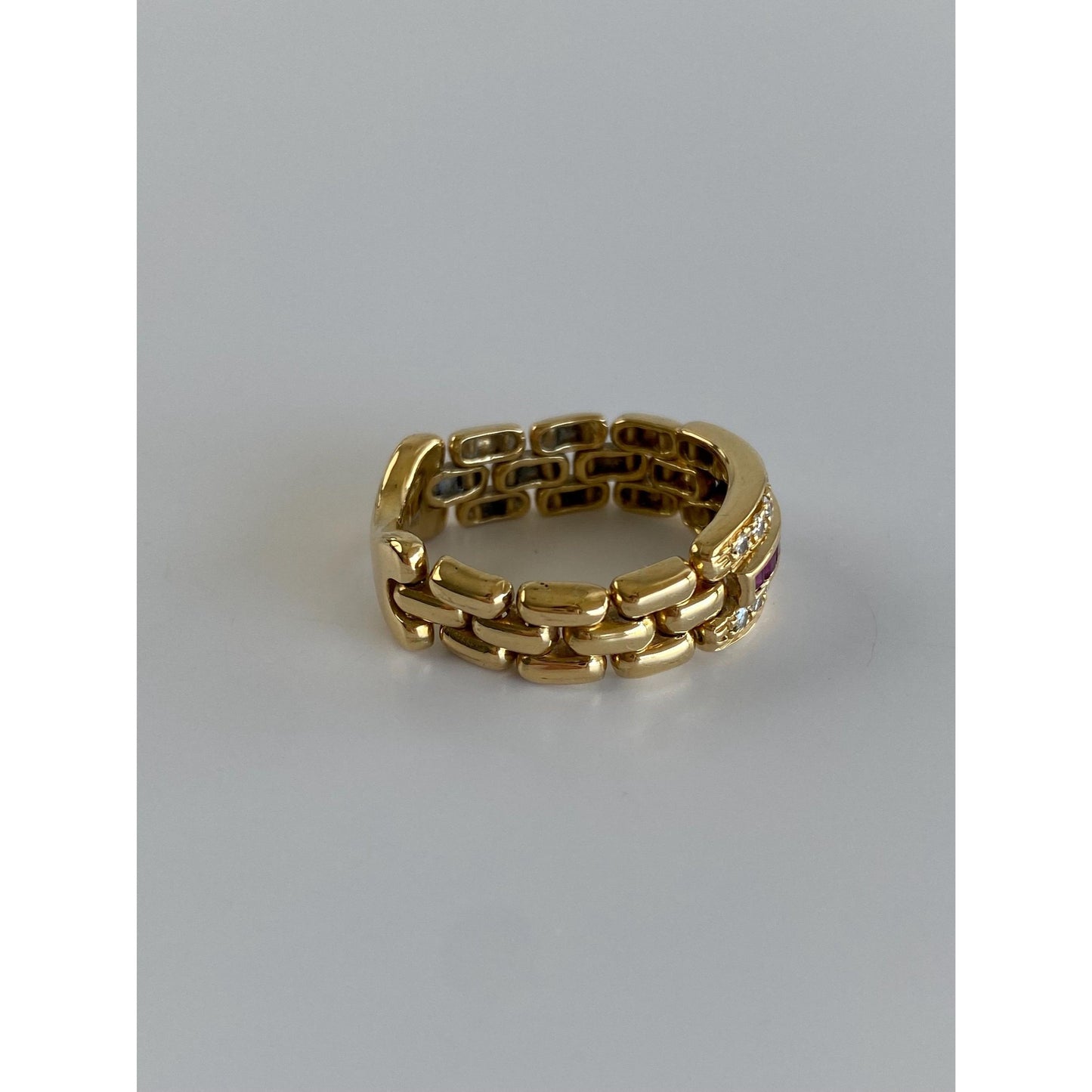 Vintage Solid 18k Yellow Gold Ruby Diamond Watch Band Ring - Size 7.25