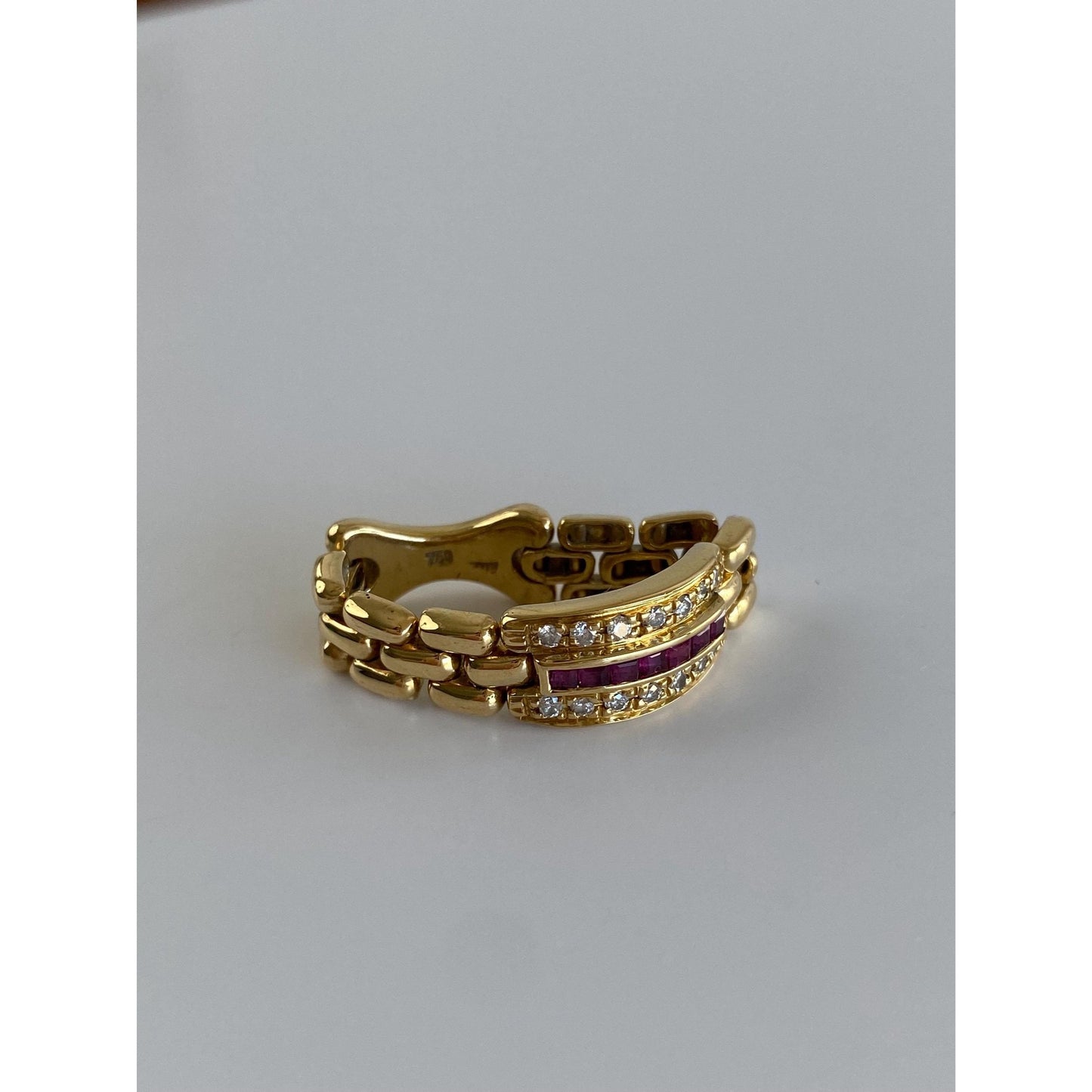 Vintage Solid 18k Yellow Gold Ruby Diamond Watch Band Ring - Size 7.25