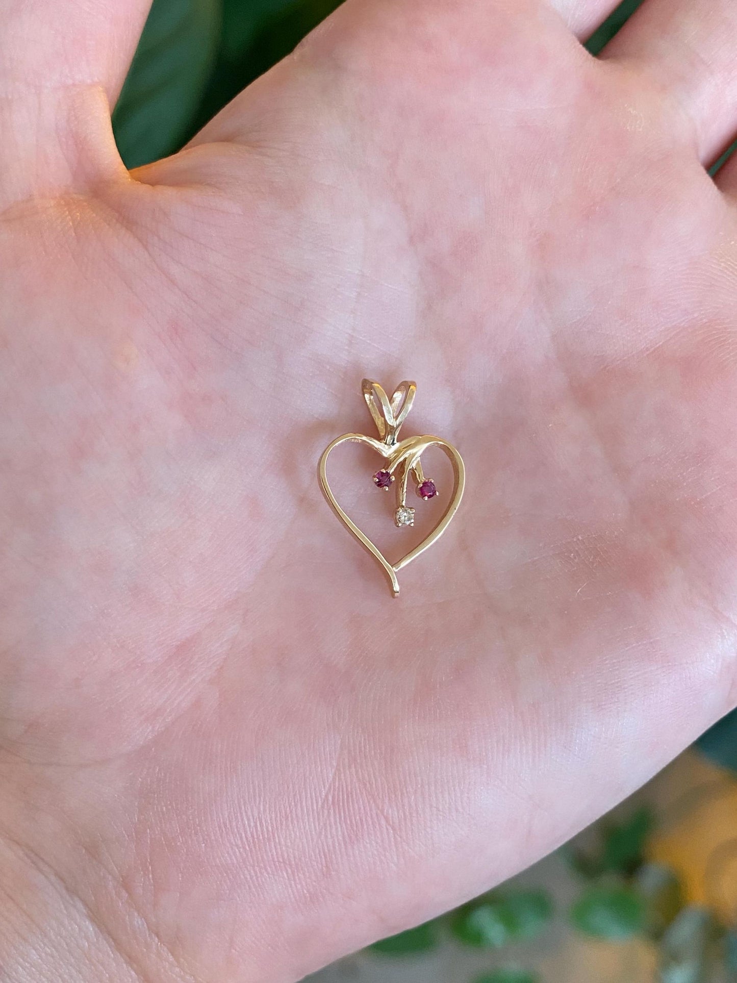 Vintage Solid 14k Yellow Gold Ruby Diamond Open Heart Charm