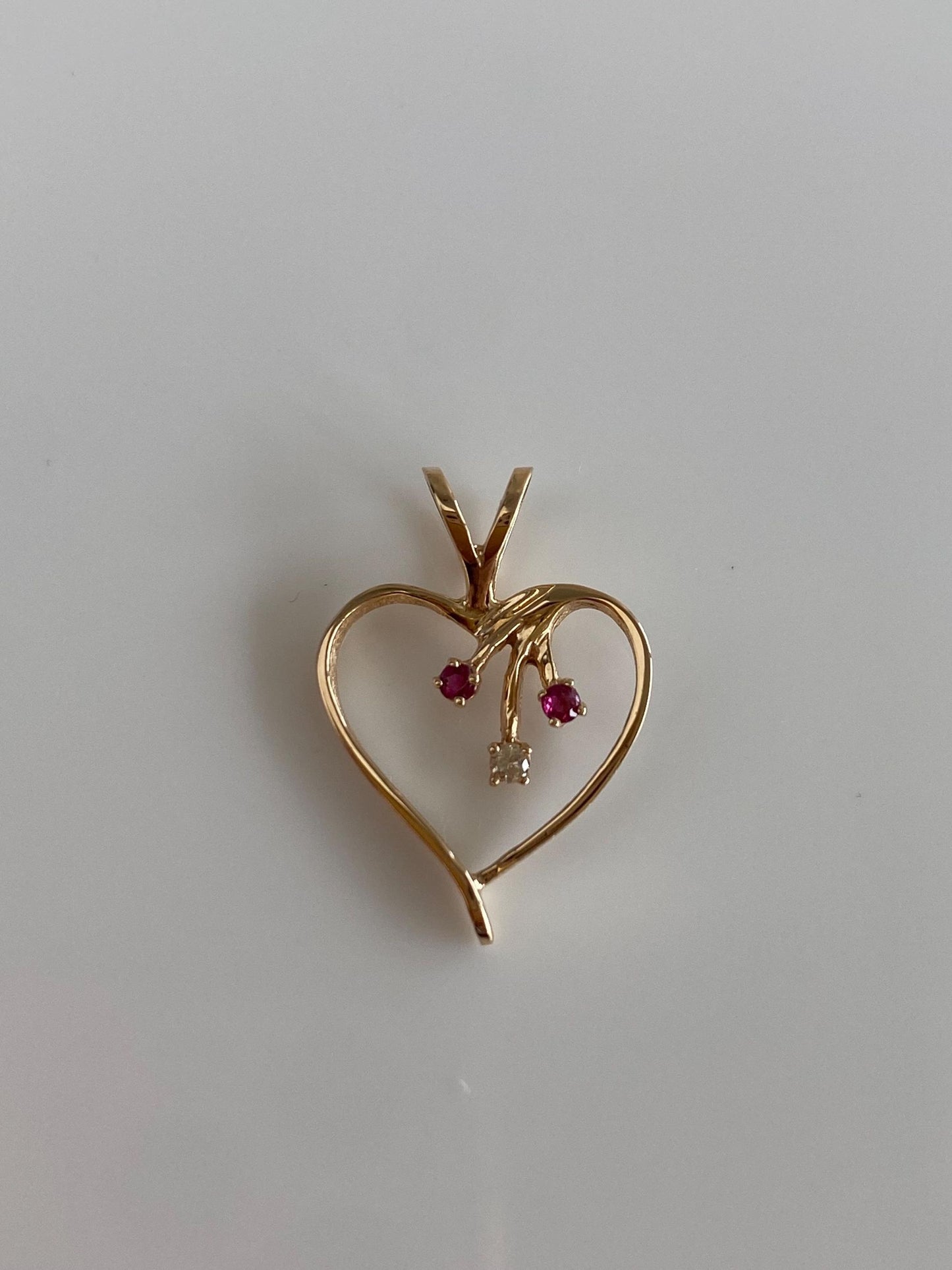 Vintage Solid 14k Yellow Gold Ruby Diamond Open Heart Charm