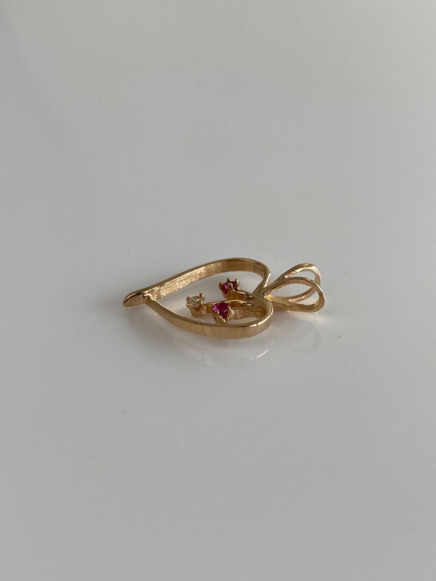 Vintage Solid 14k Yellow Gold Ruby Diamond Open Heart Charm