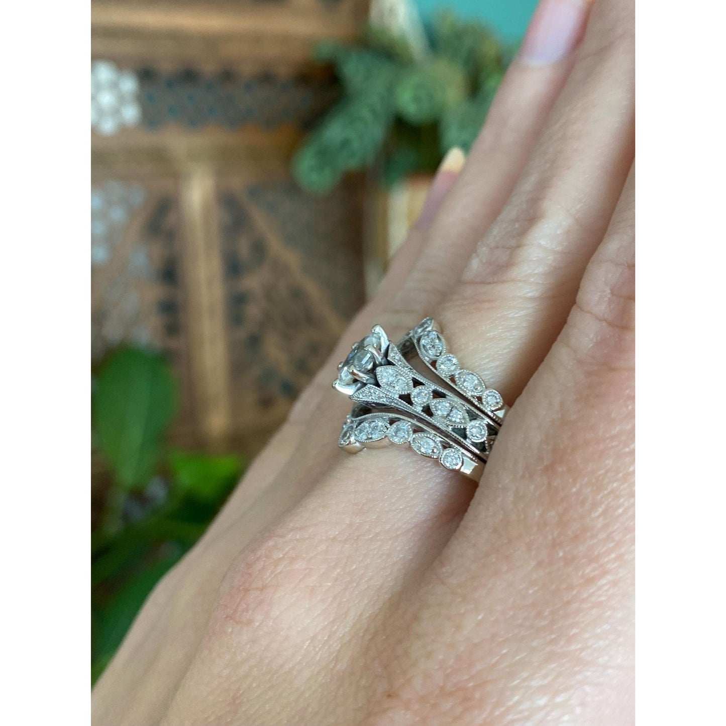 Vintage Solid 14k White Gold Diamond Ring Band - Size 8.25