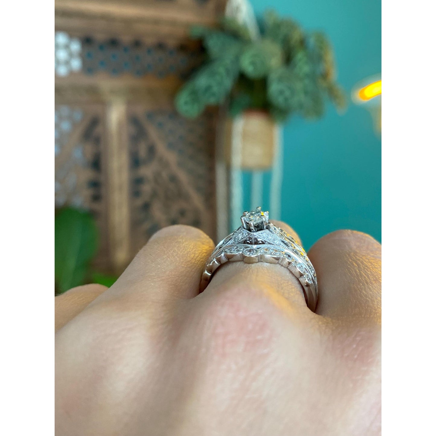 Vintage Solid 14k White Gold Diamond Ring Band - Size 8.25