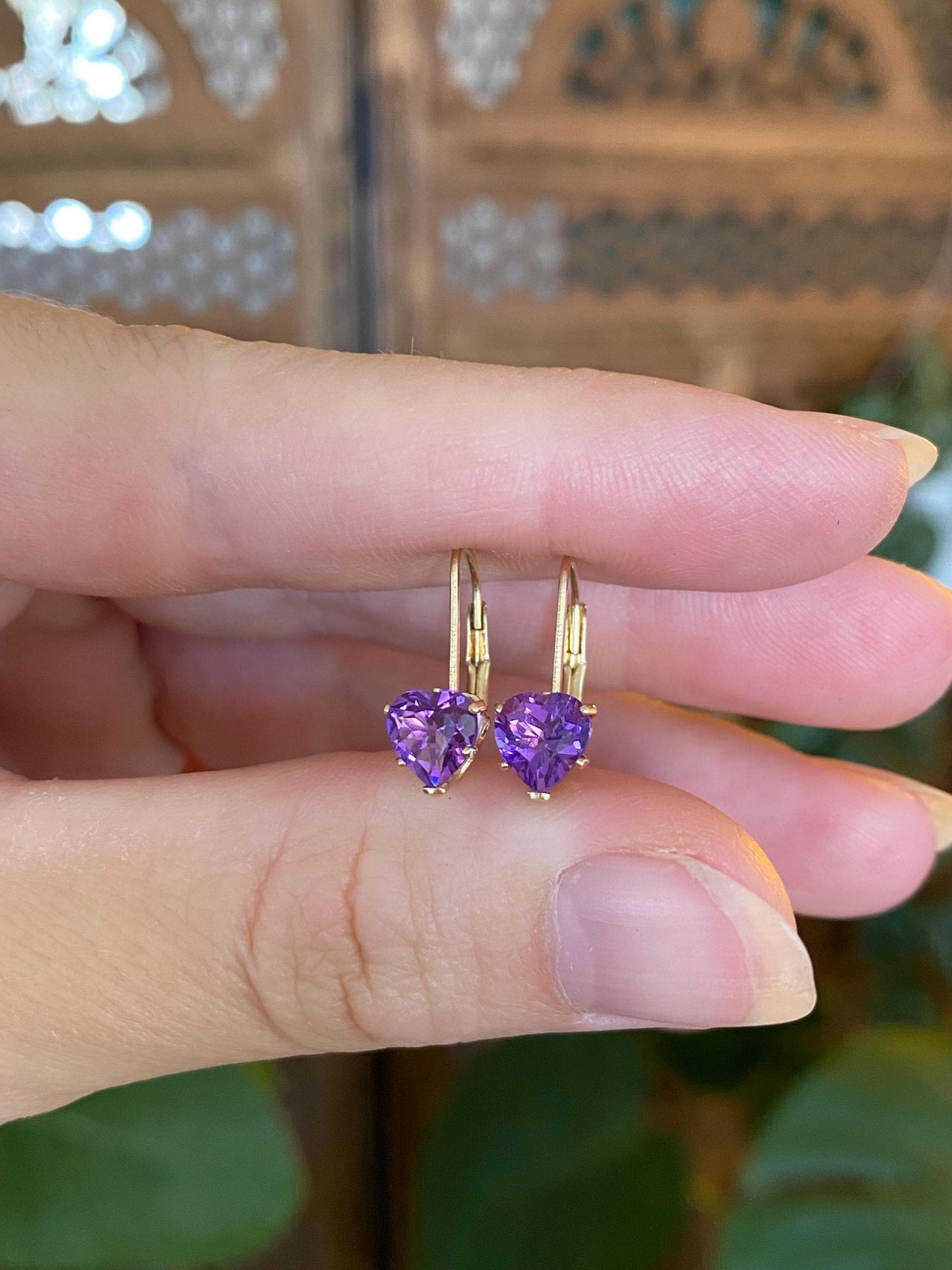 Vintage Solid 14k Yellow Gold Amethyst Heart Drop Earrings