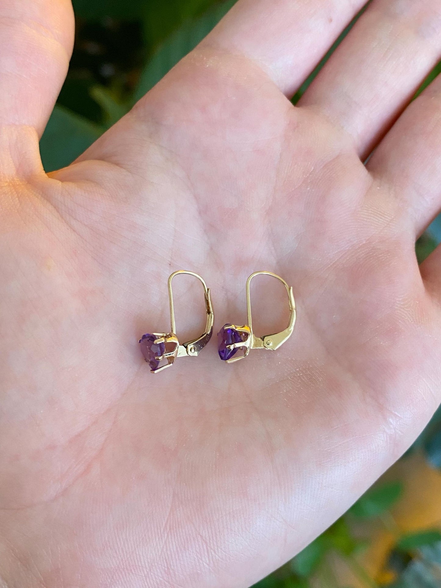 Vintage Solid 14k Yellow Gold Amethyst Heart Drop Earrings