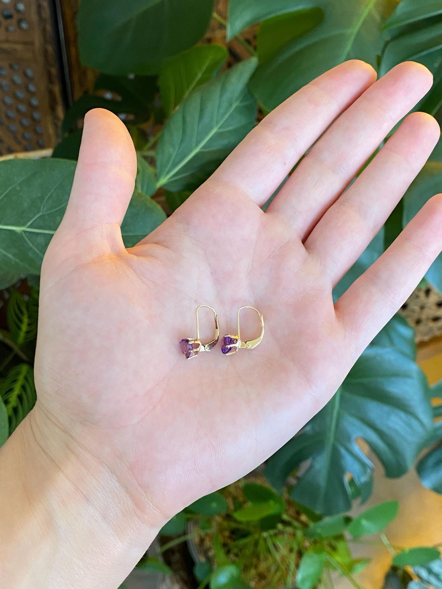 Vintage Solid 14k Yellow Gold Amethyst Heart Drop Earrings