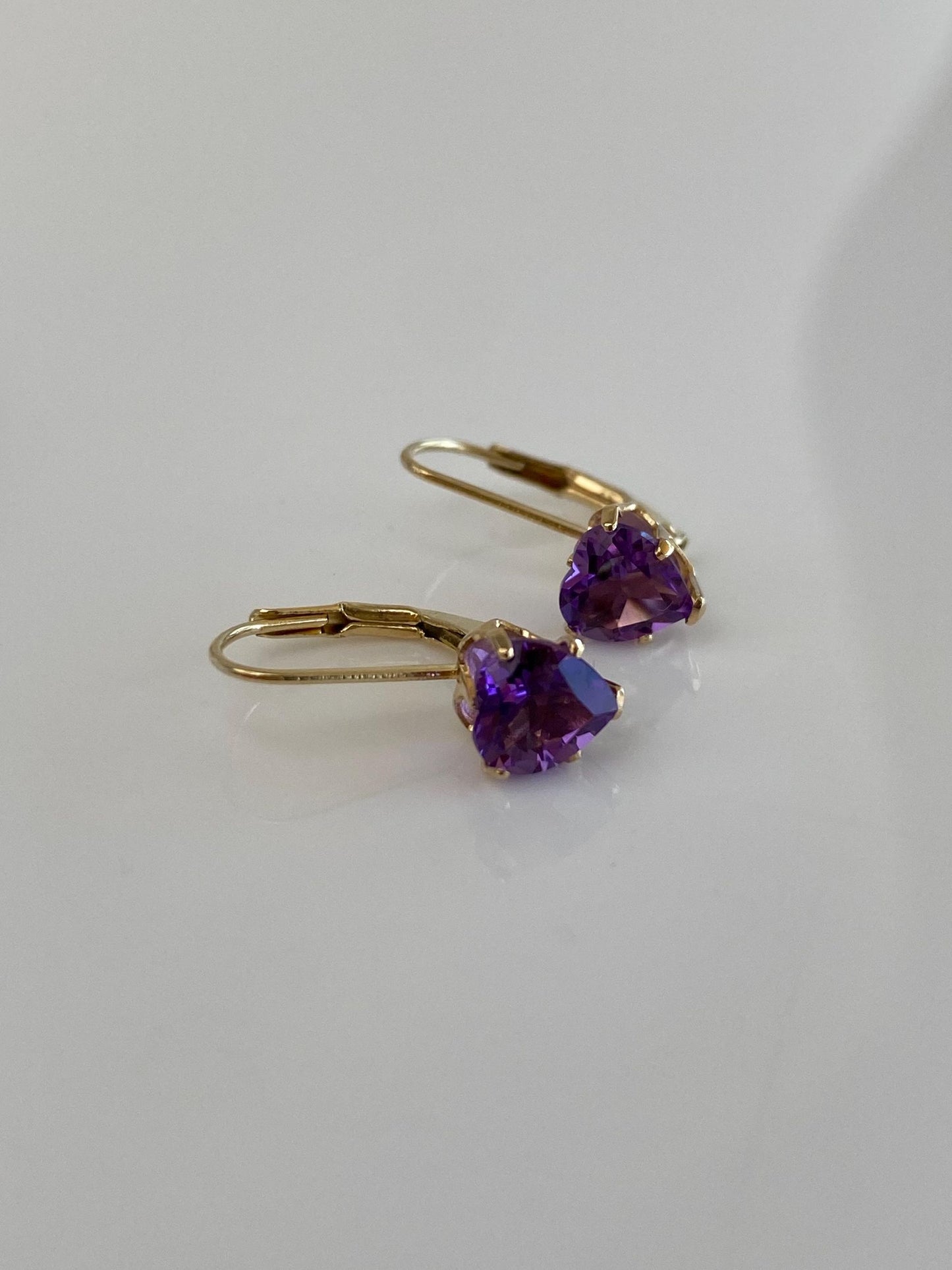 Vintage Solid 14k Yellow Gold Amethyst Heart Drop Earrings