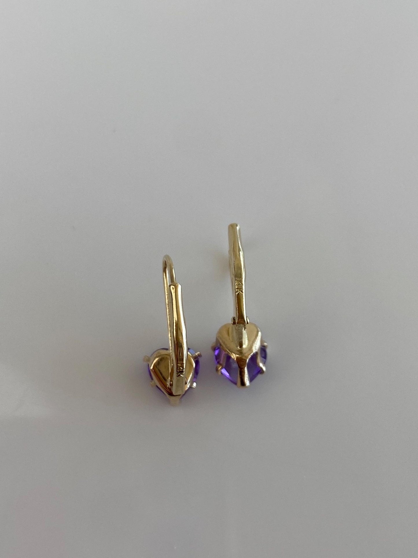 Vintage Solid 14k Yellow Gold Amethyst Heart Drop Earrings