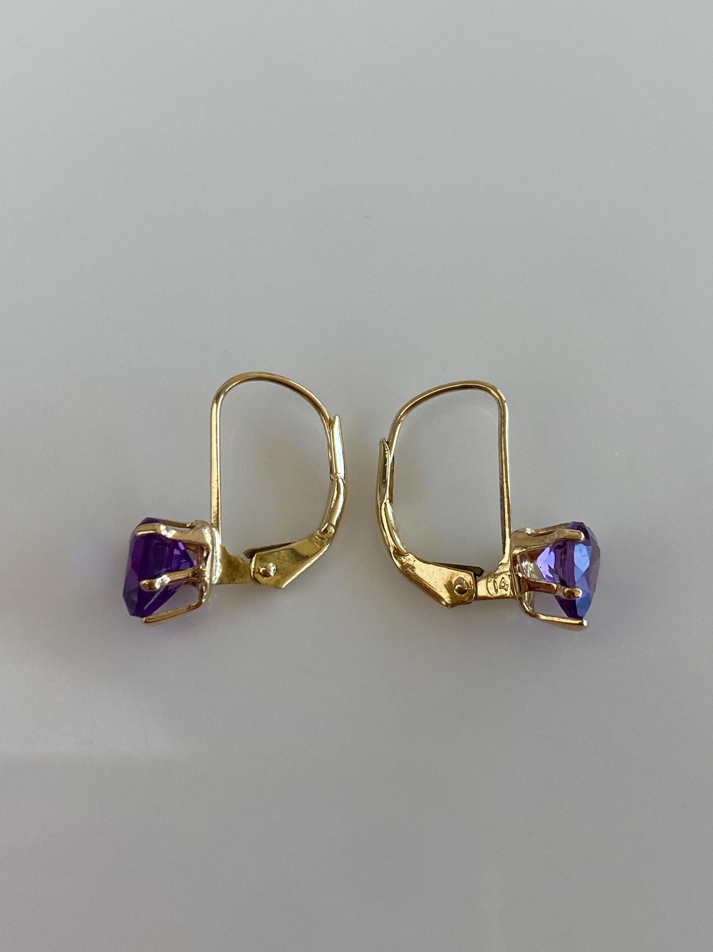 Vintage Solid 14k Yellow Gold Amethyst Heart Drop Earrings