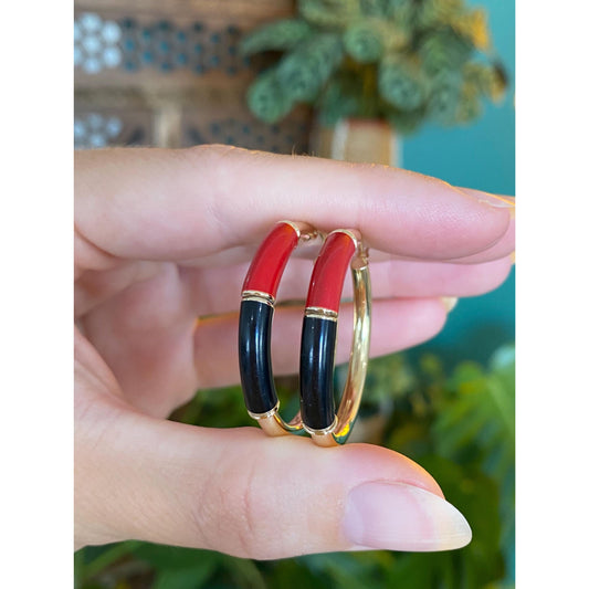 Vintage 14k Yellow Gold Red Black Enamel Hoop Earrings