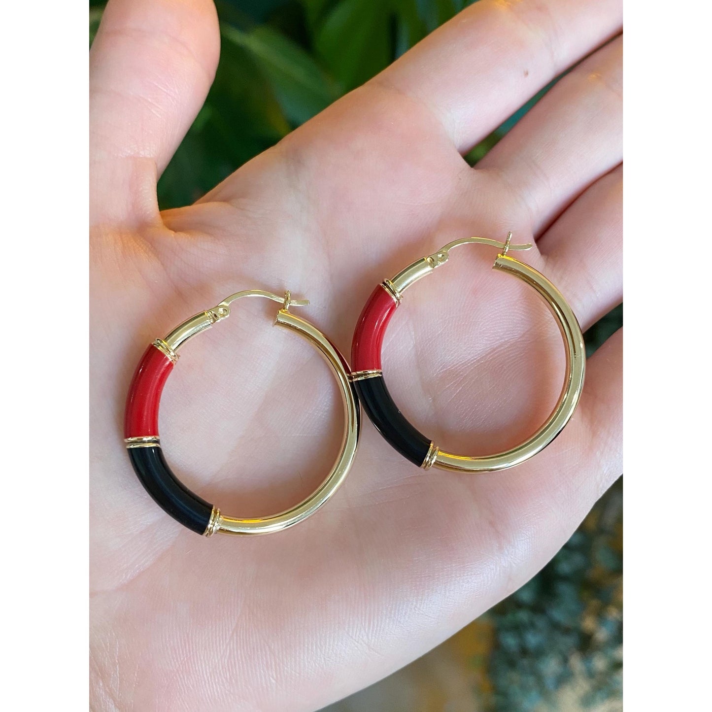Vintage 14k Yellow Gold Red Black Enamel Hoop Earrings