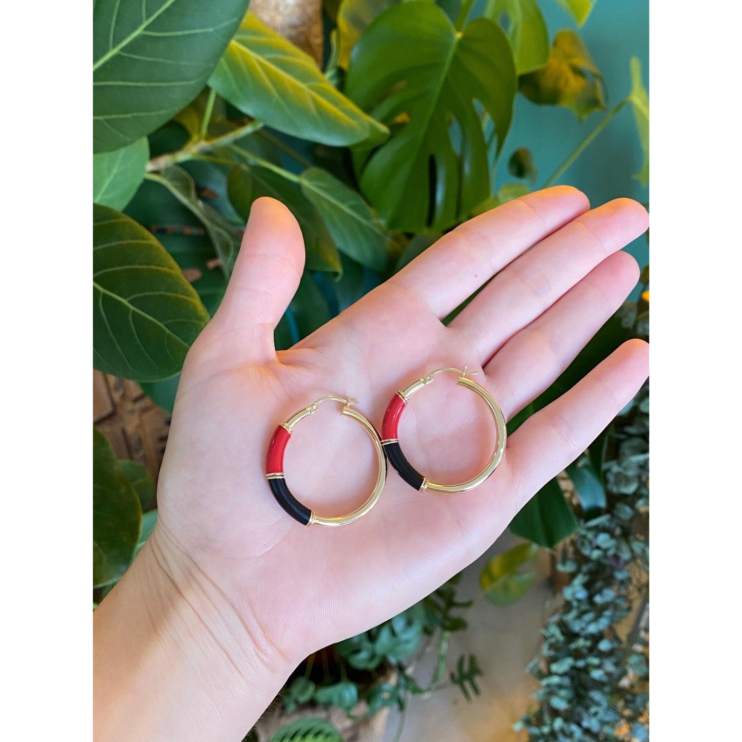 Vintage 14k Yellow Gold Red Black Enamel Hoop Earrings