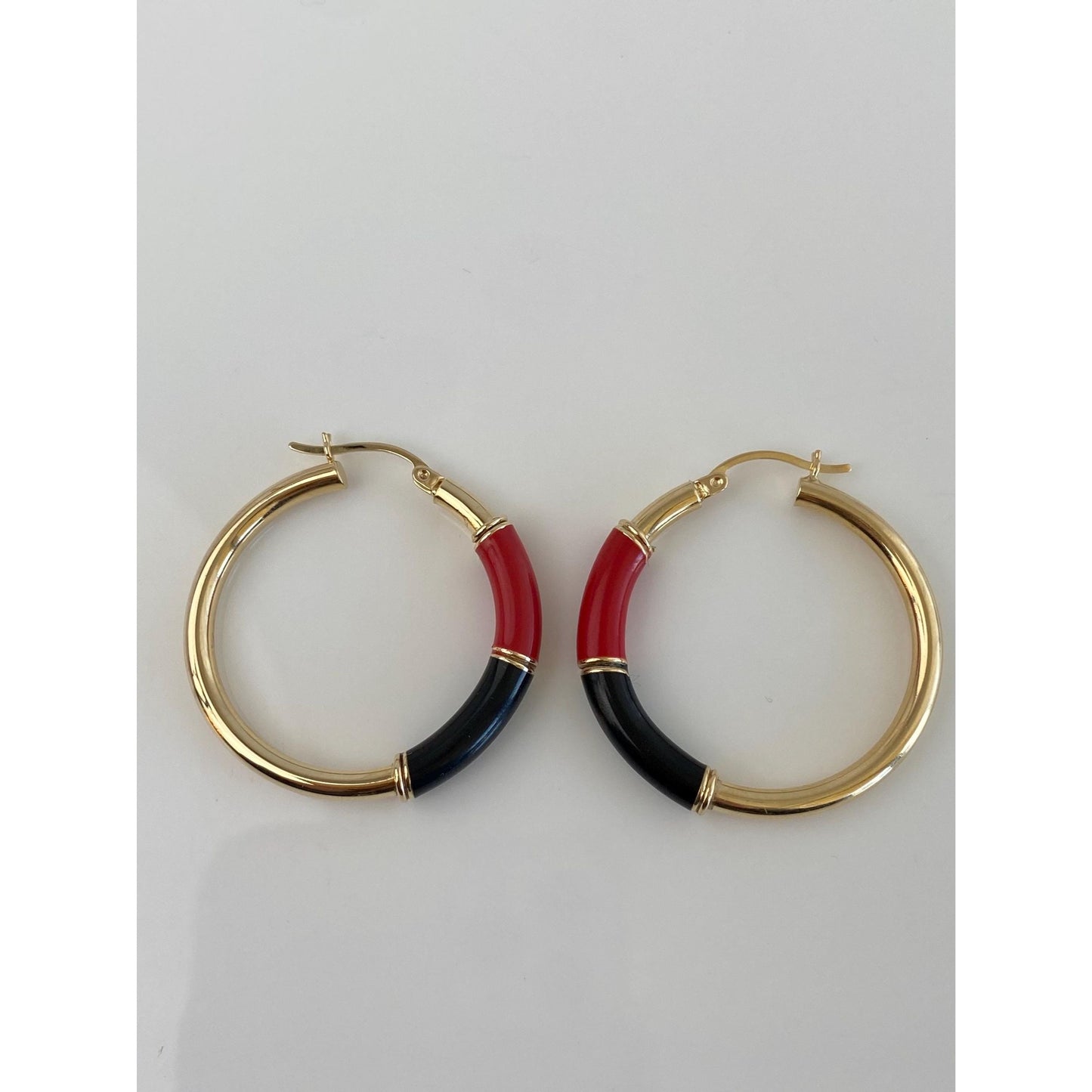Vintage 14k Yellow Gold Red Black Enamel Hoop Earrings