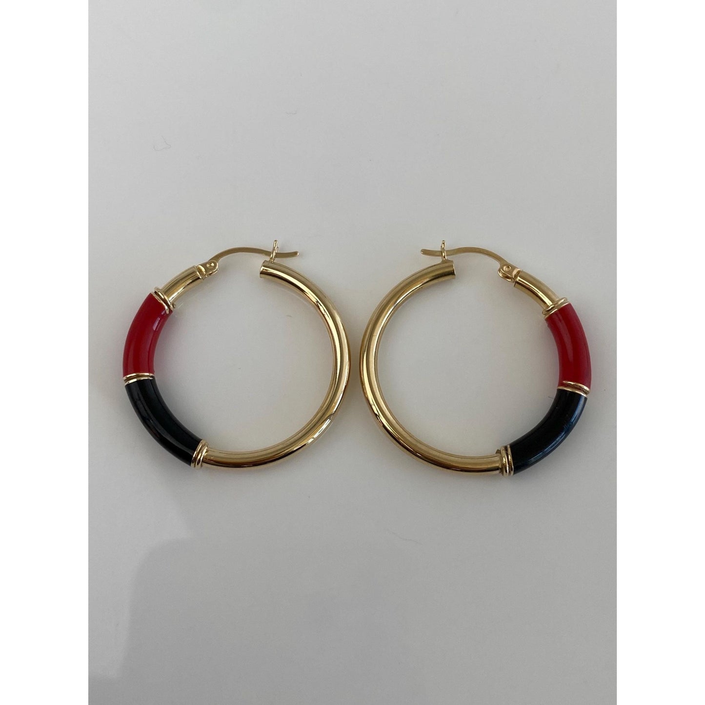 Vintage 14k Yellow Gold Red Black Enamel Hoop Earrings