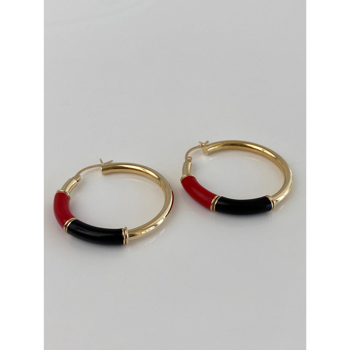 Vintage 14k Yellow Gold Red Black Enamel Hoop Earrings