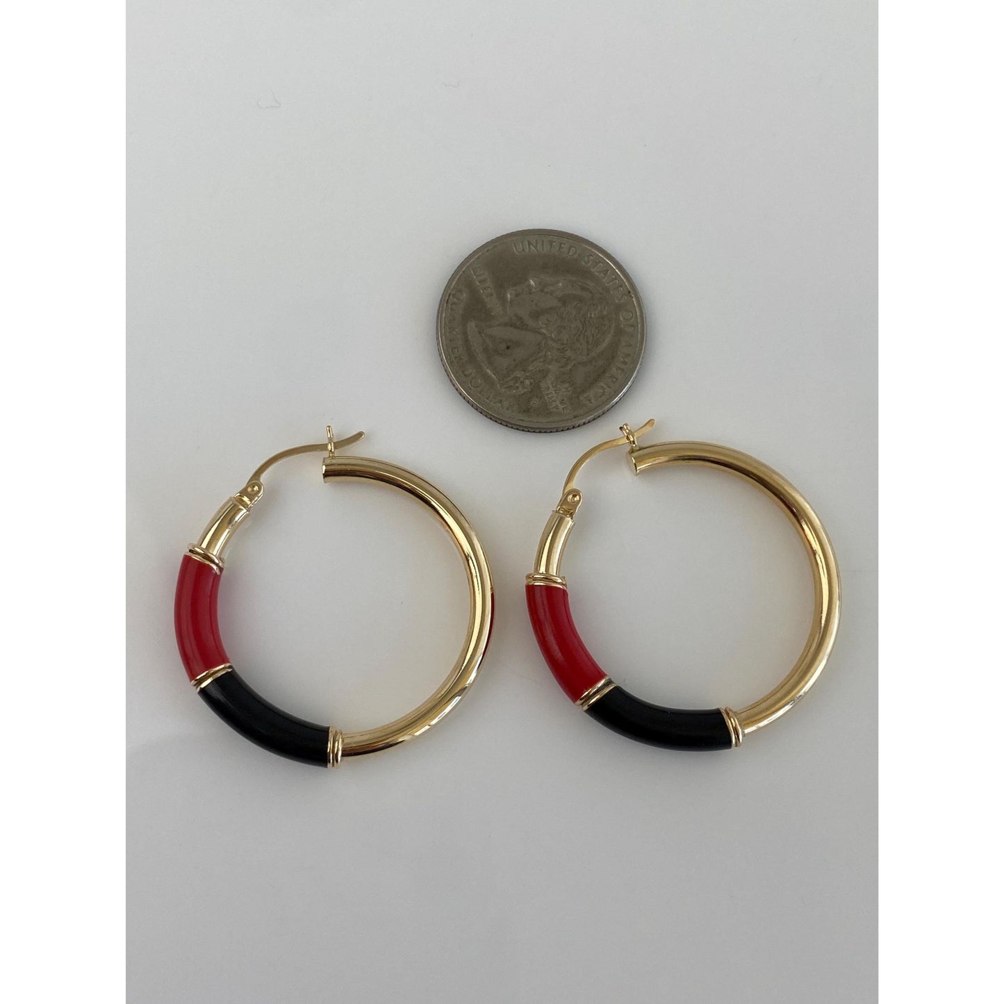 Vintage 14k Yellow Gold Red Black Enamel Hoop Earrings