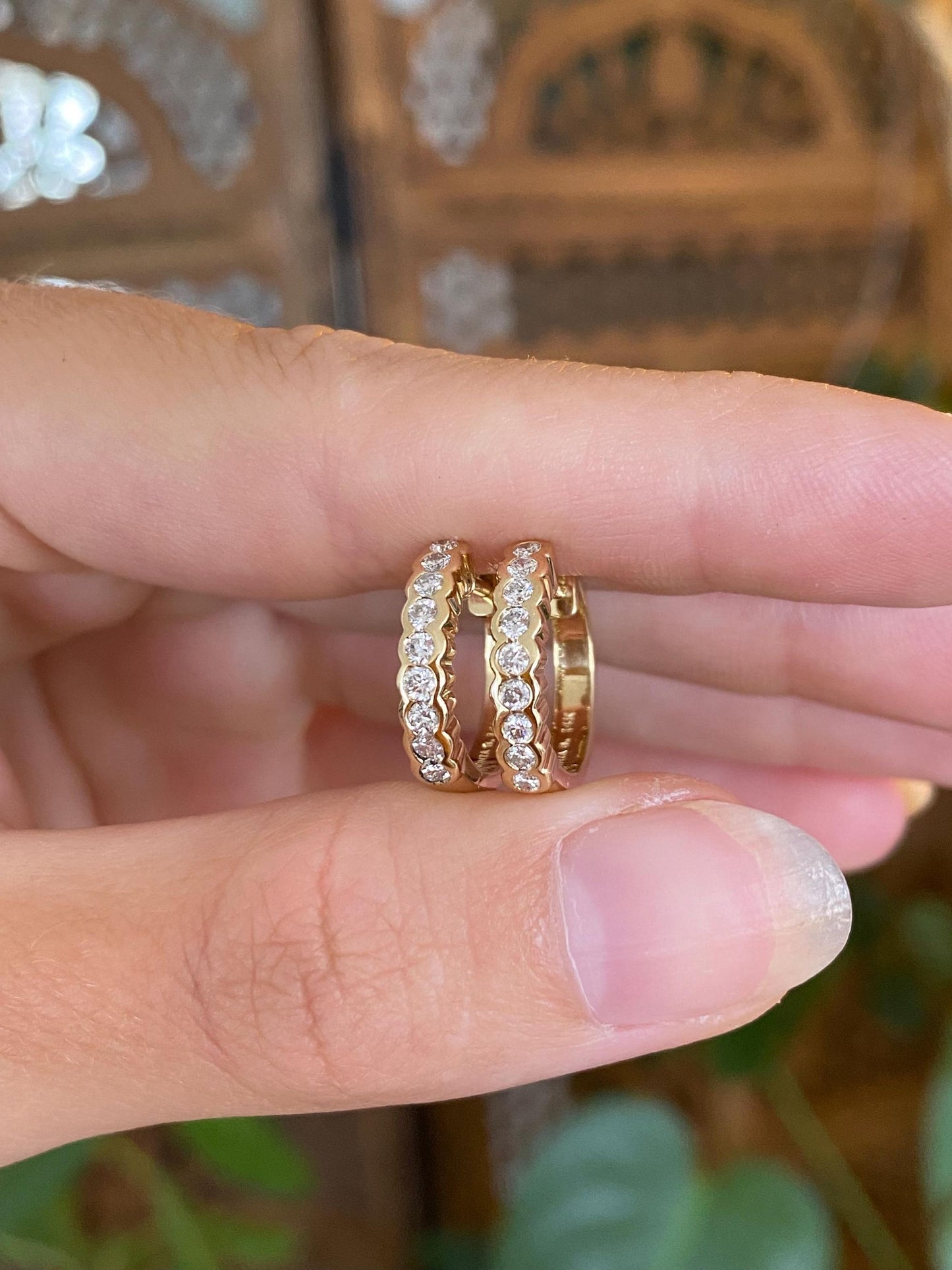 Vintage Solid 14k Yellow Gold Diamond Hoop Earrings