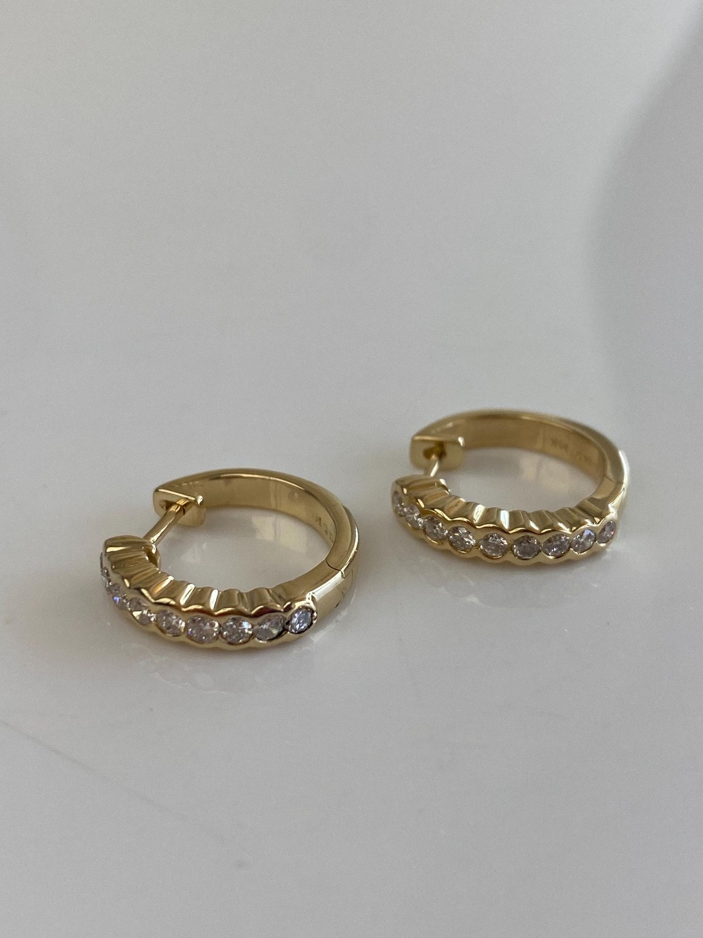 Vintage Solid 14k Yellow Gold Diamond Hoop Earrings