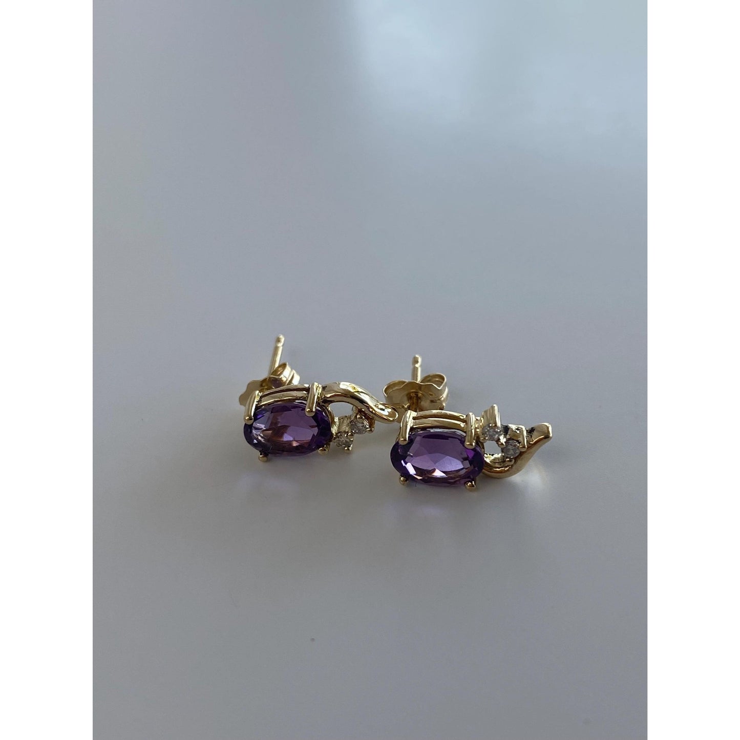 Vintage Solid 14k Yellow Gold Amethyst Diamond Stud Earrings